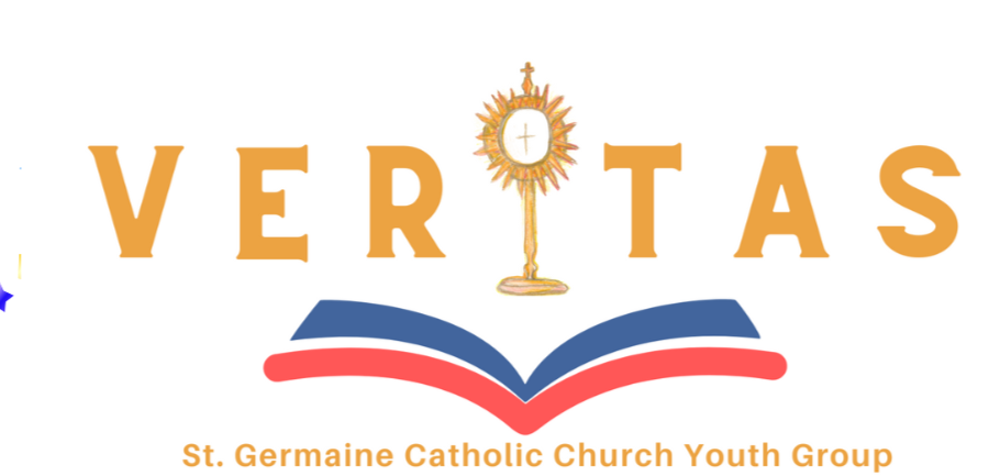 Logo for St. Germaine Catholic Church Youth Group with the word 'VERITAS', a monstrance symbol, and an open Bible design.