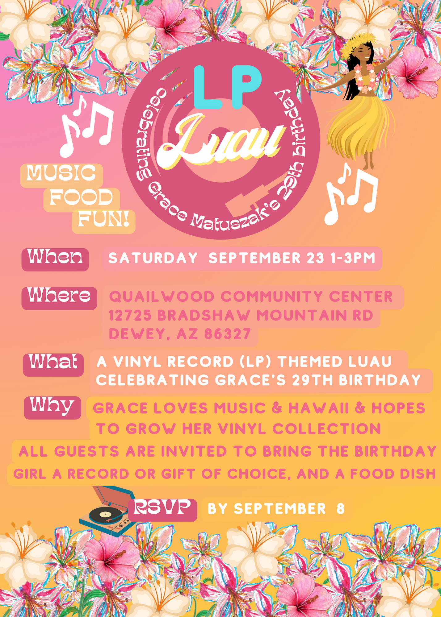Colorful flyer with floral background advertising a Luau themed birthday party, featuring hibiscus flowers, a hula dancer, musical notes, and details about the event including date, location, and activities.