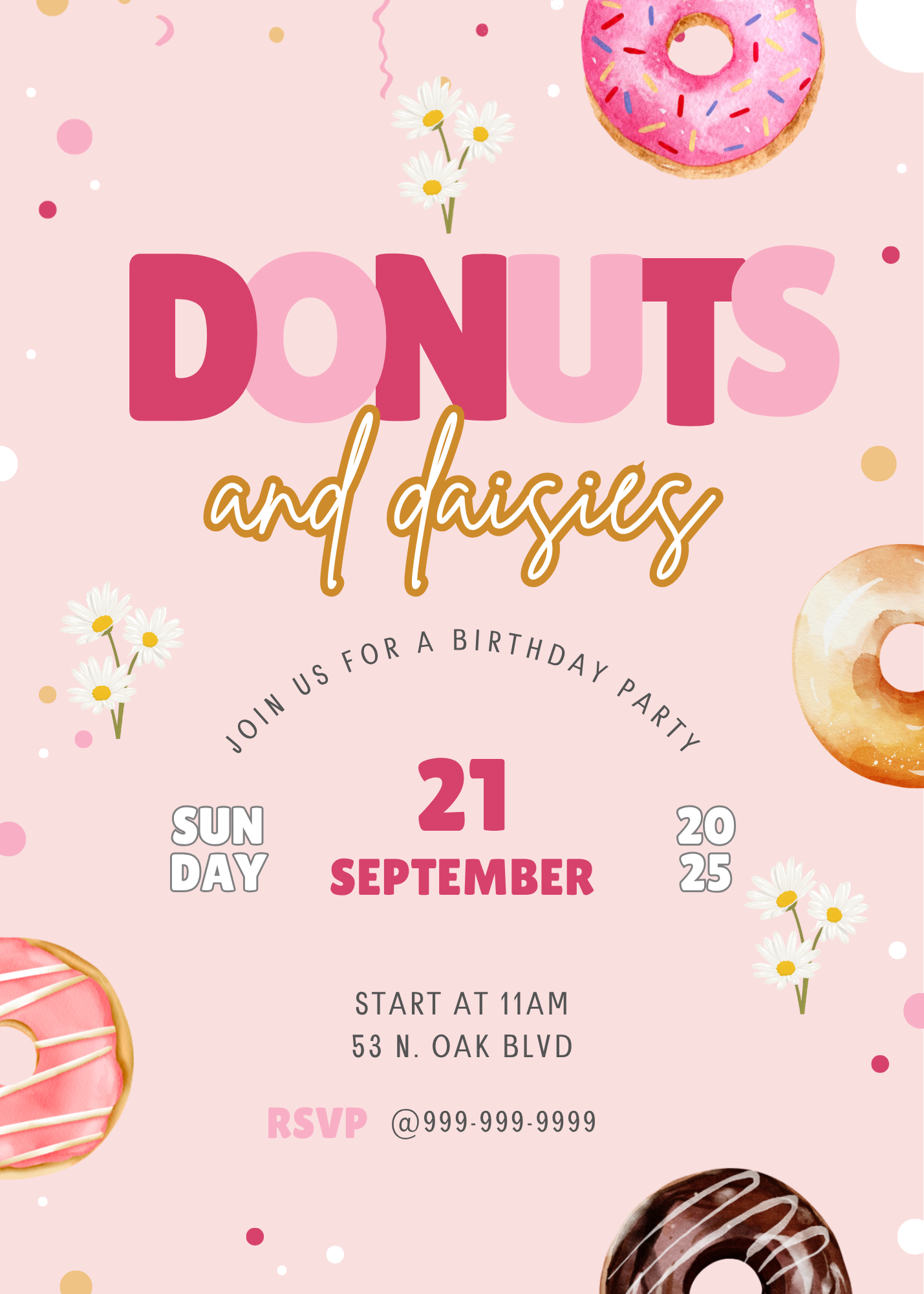 Pink birthday invitation featuring donuts, daisies, and colorful confetti, with event details for a birthday party on September 21.