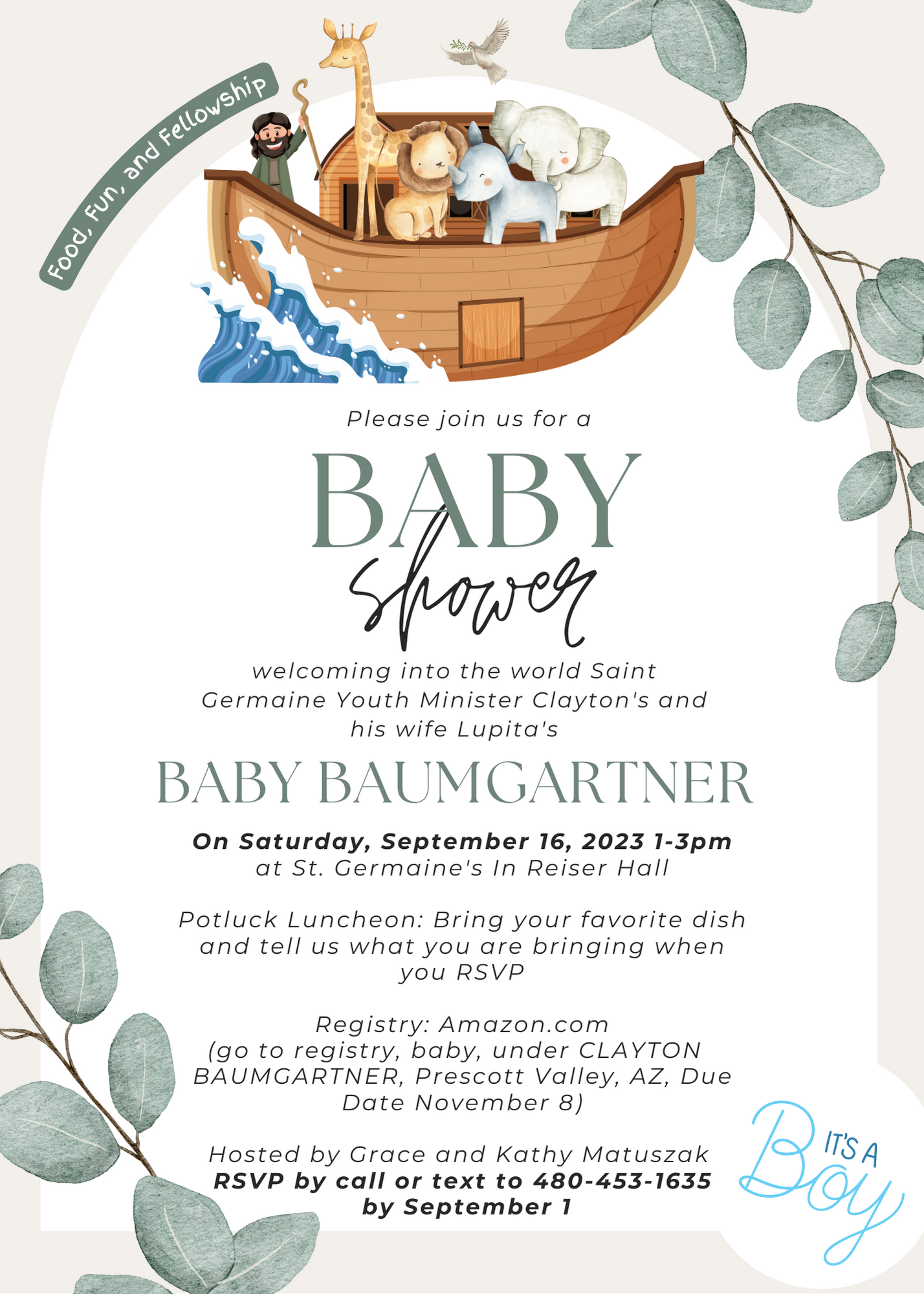 Invitation to a baby shower featuring an illustration of Noah's Ark with animals and a man. Green leaves border the sides. The text invites guests to join the celebration for Baby Baumgartner on September 16, 2023, at St. Germaine's in Reiser Hall, and provides RSVP and registry details.