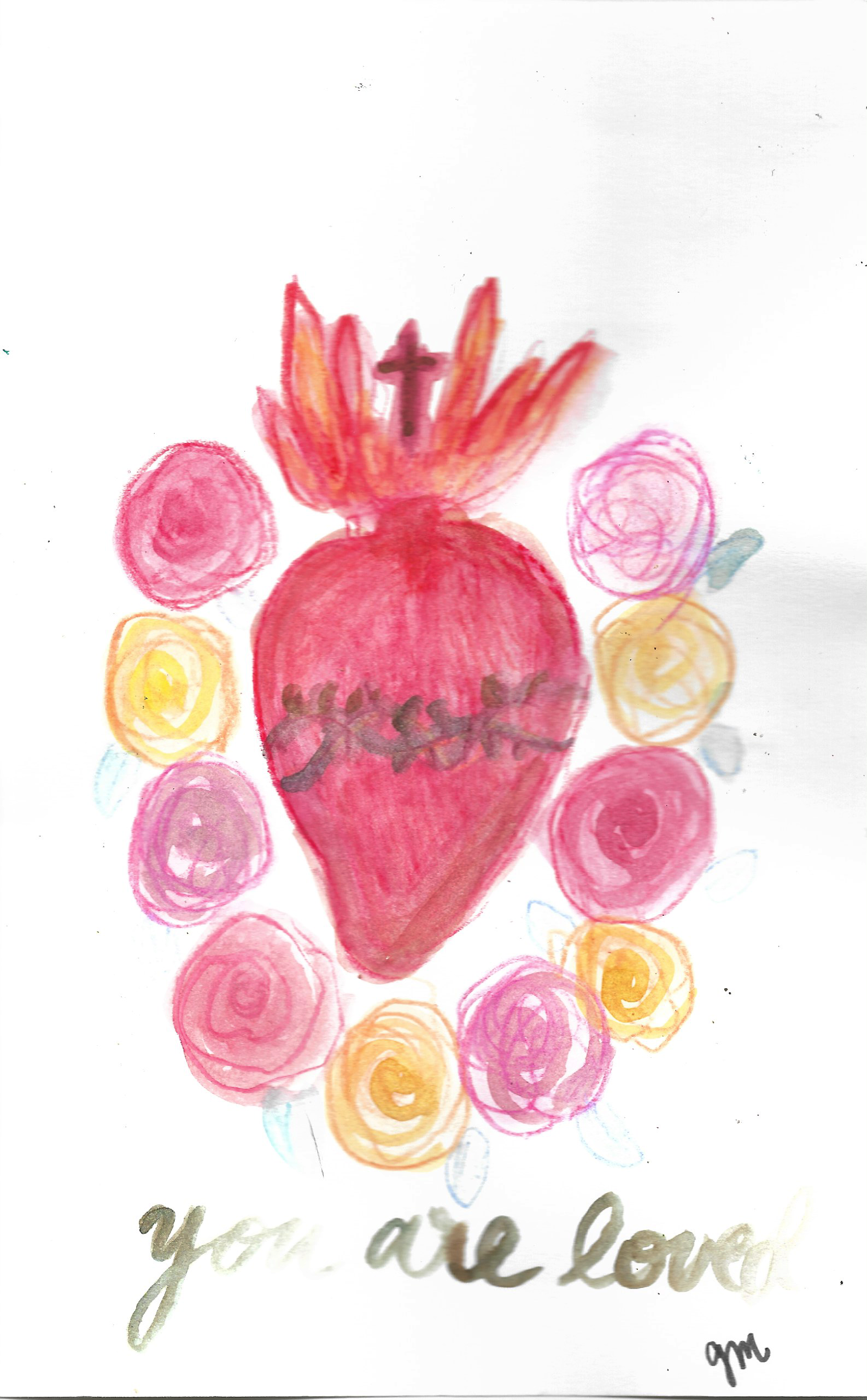 A colorful hand-drawn illustration featuring a large red heart, a flower with orange and pink petals, and surrounding circular patterns in pink, yellow, and purple. The text at the bottom reads 'you are loved' in light gray cursive handwriting.