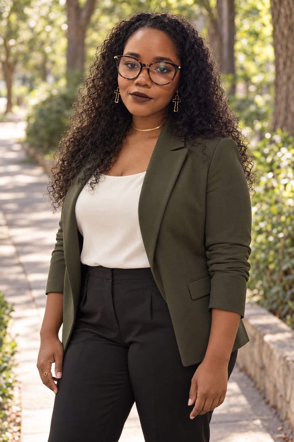 Latrina Ray Raddler in an olive blazer on a garden path