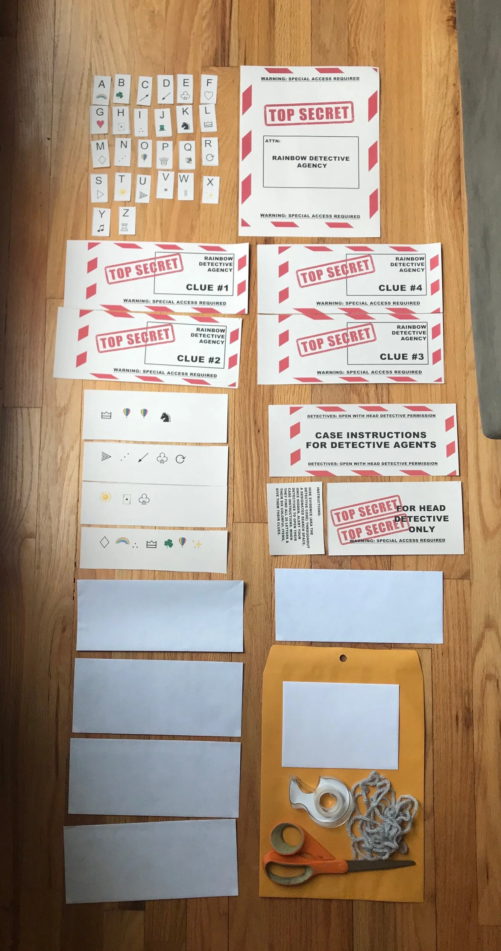 Here are all the supplies, BUT I forgot to lay out the “Detective Instruction Letter” AND my plastic evidence bag. You can actually see the letter in the first image in the blog. (And see the bag in the attached video)