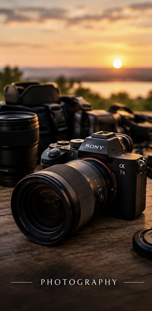 A Sony camera with a large lens lying on a wooden surface, with other camera gear nearby, during sunset with a colorful sky and a body of water in the background.