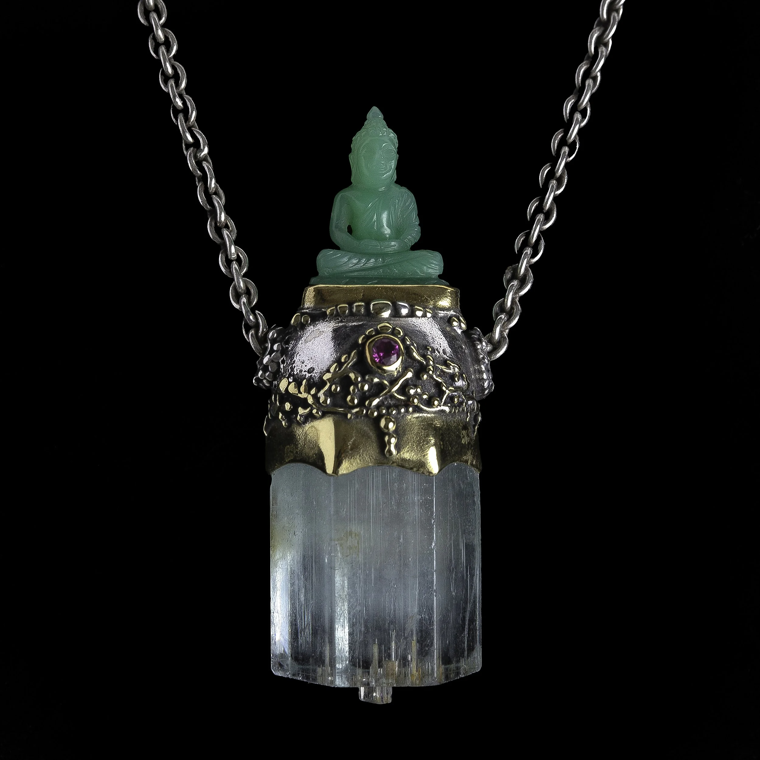 Chrysoprase Buddha Necklace with Aquamarine Crystal