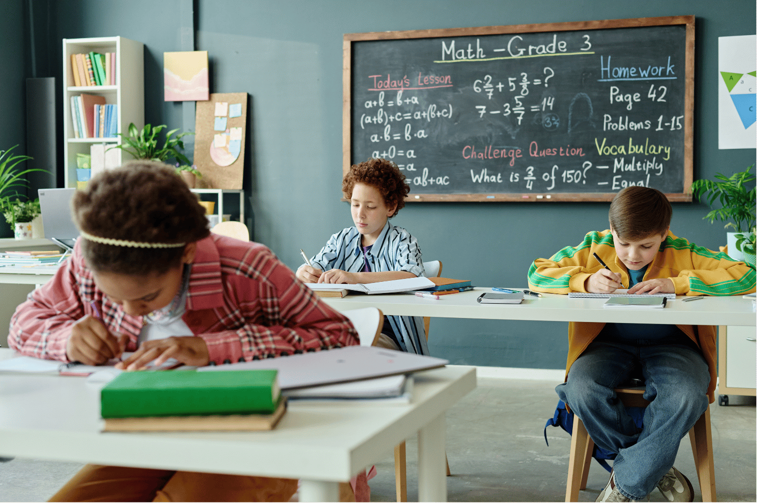 Child sitting at desks in a classroom, doing schoolwork, with a blackboard behind them featuring math problems and notes.