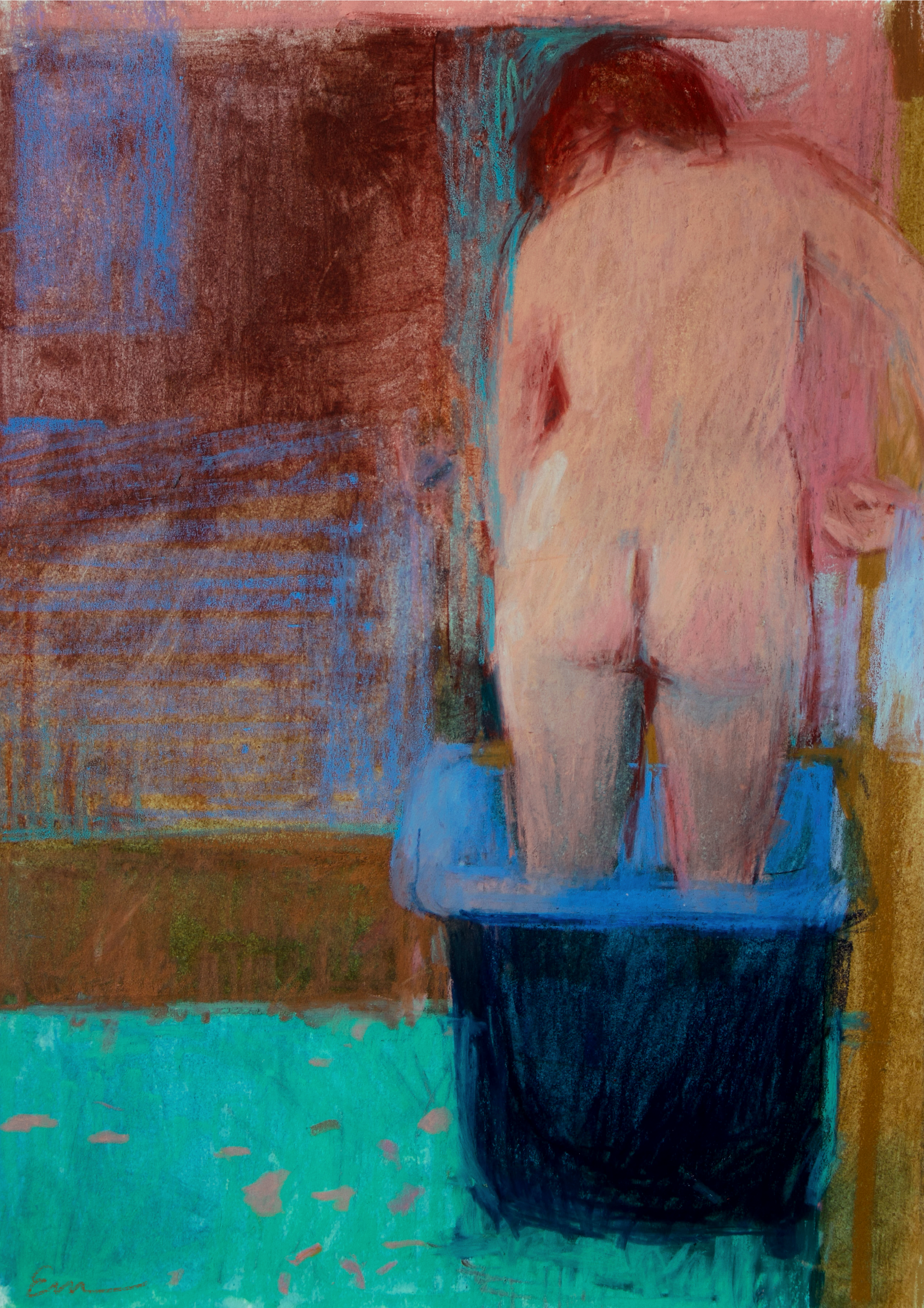 An abstract painting depicting a nude female figure with short brown hair standing in a blue bathtub in front of a textured multicolored background.