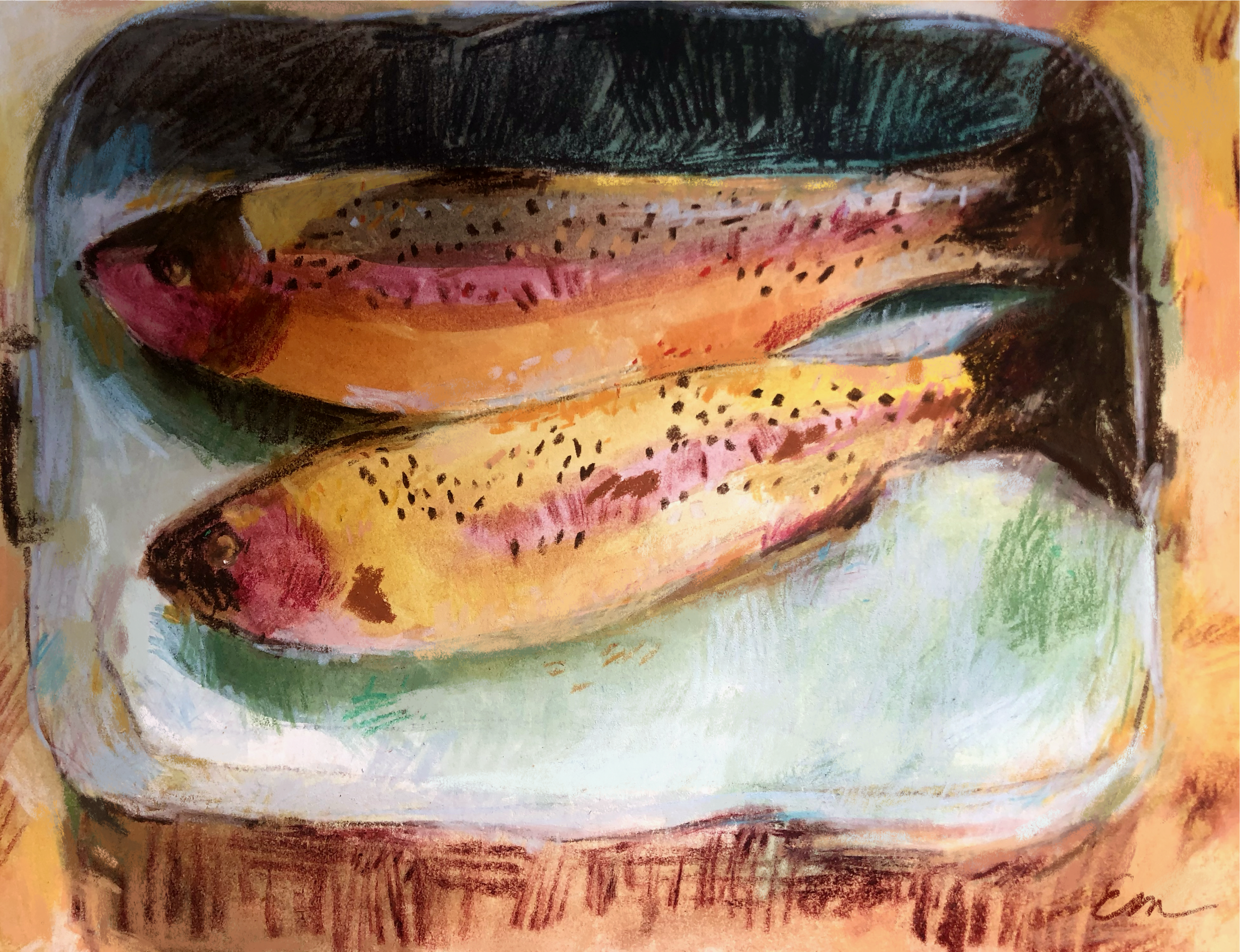 A colorful painting featuring bold brushstrokes and a variety of vibrant colors including black, yellow, pink, green, and orange of two fish.