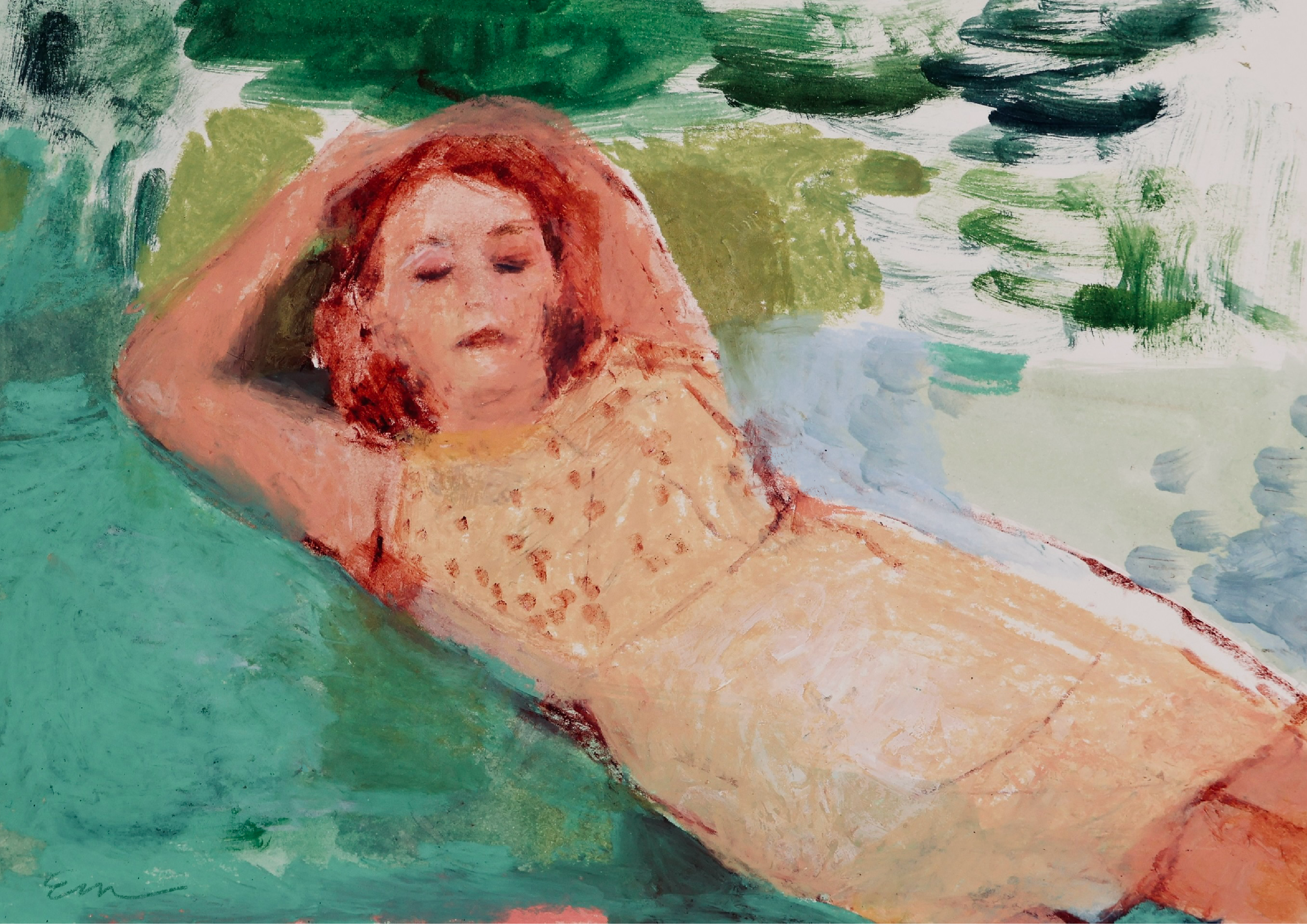 An impressionist-style painting of a woman with reddish hair lying on her side with eyes closed, surrounded by abstract green and blue brushstrokes.