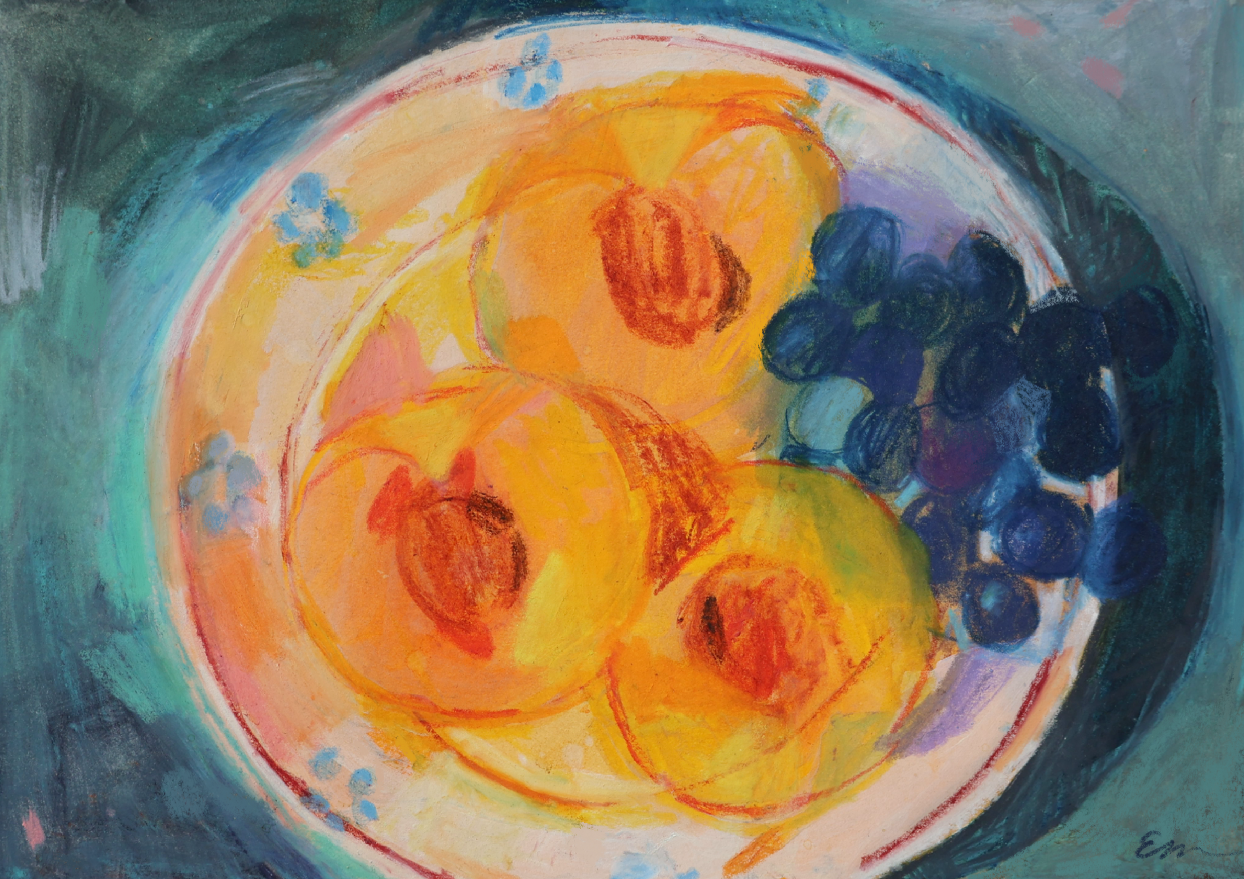An abstract painting with vibrant colors, including orange, yellow, pink, blue, and green, featuring swirling and textured brushstrokes. of a fruit bowl