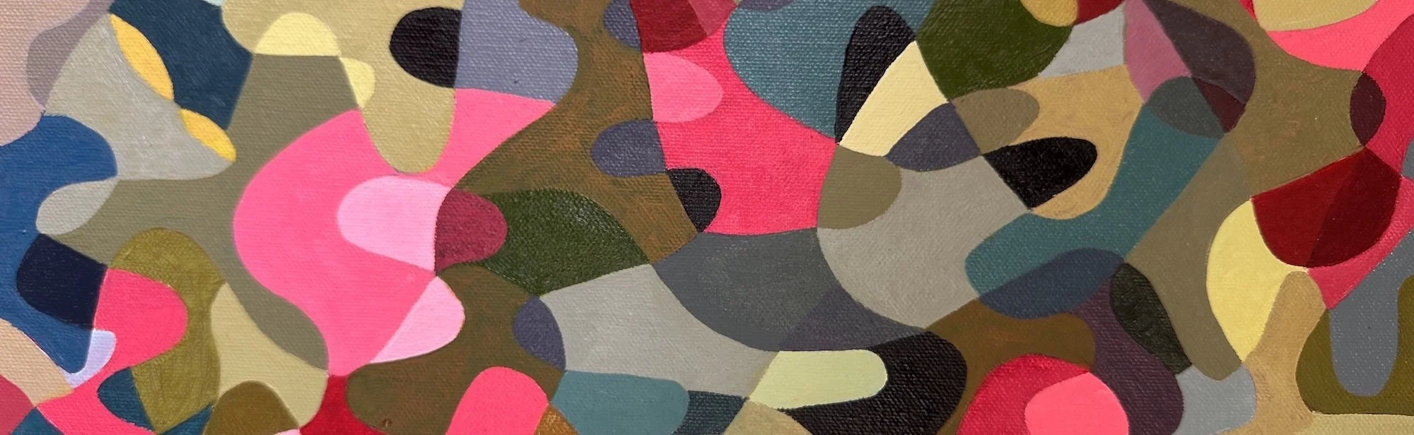 Close-up of an abstract colorful painting with irregular shapes in pink, green, yellow, black, blue, and gray tones.