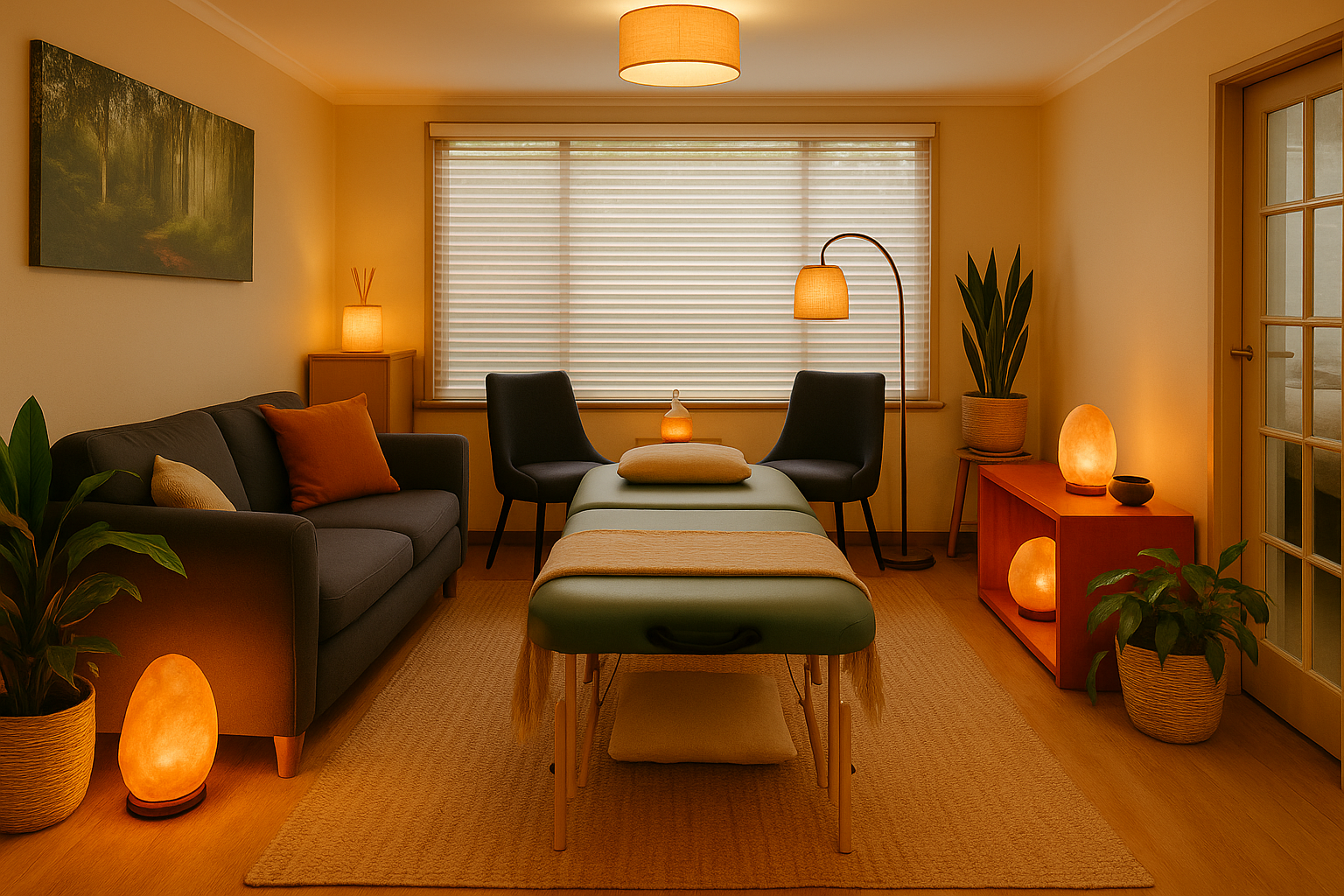 Next Level Mindset healing room with plants and warm salt lamps