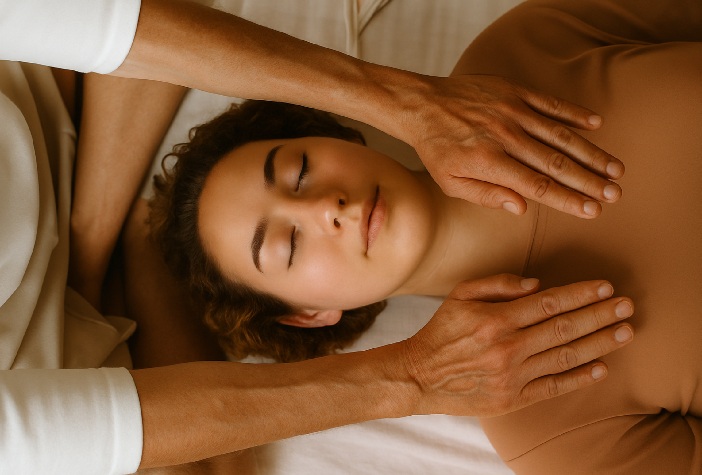 Reiki healing with gentle hands near the head and shoulders