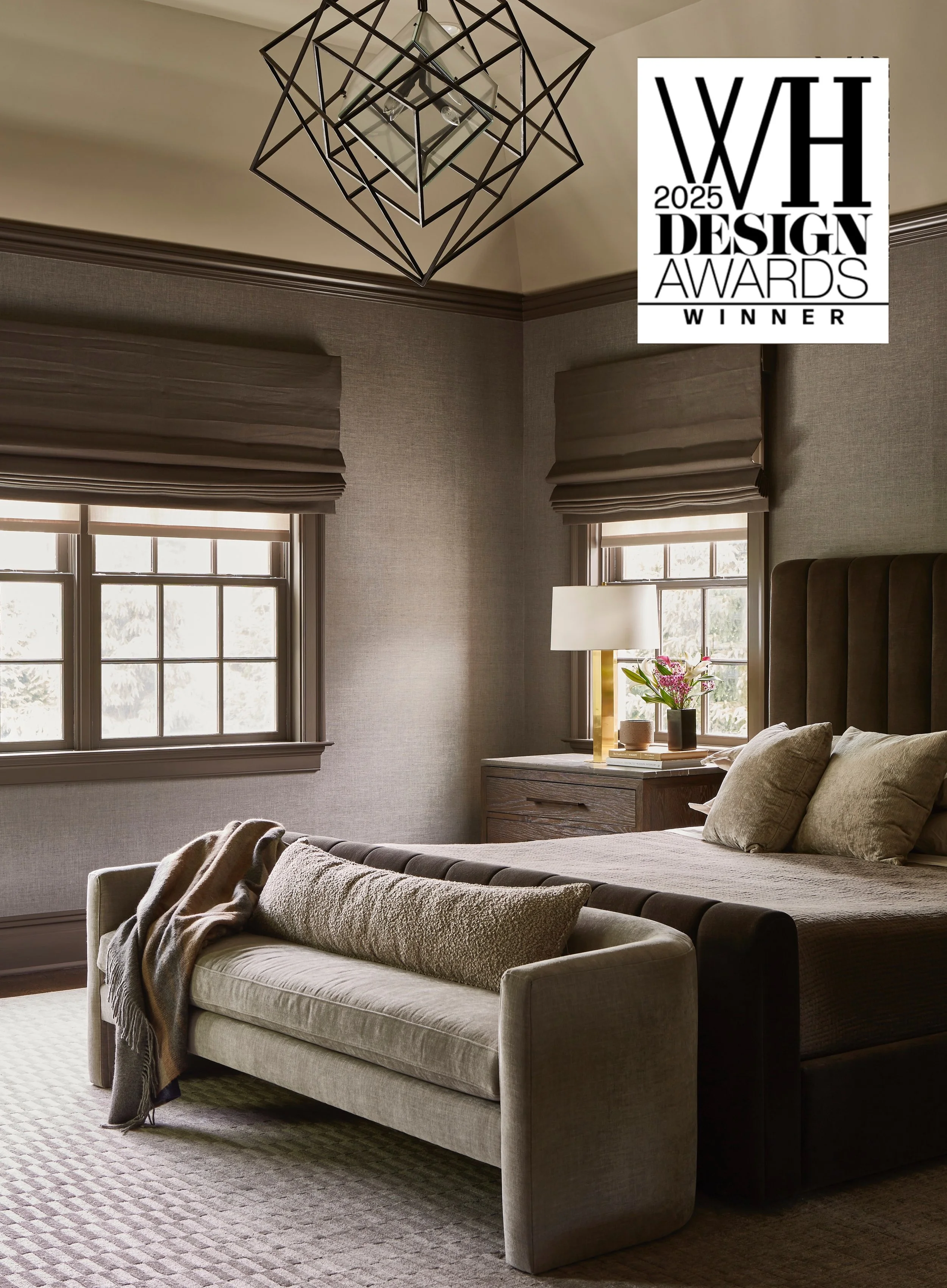 Neutral bedroom with an upholstered chaise, Westchester Home Design Awards winner