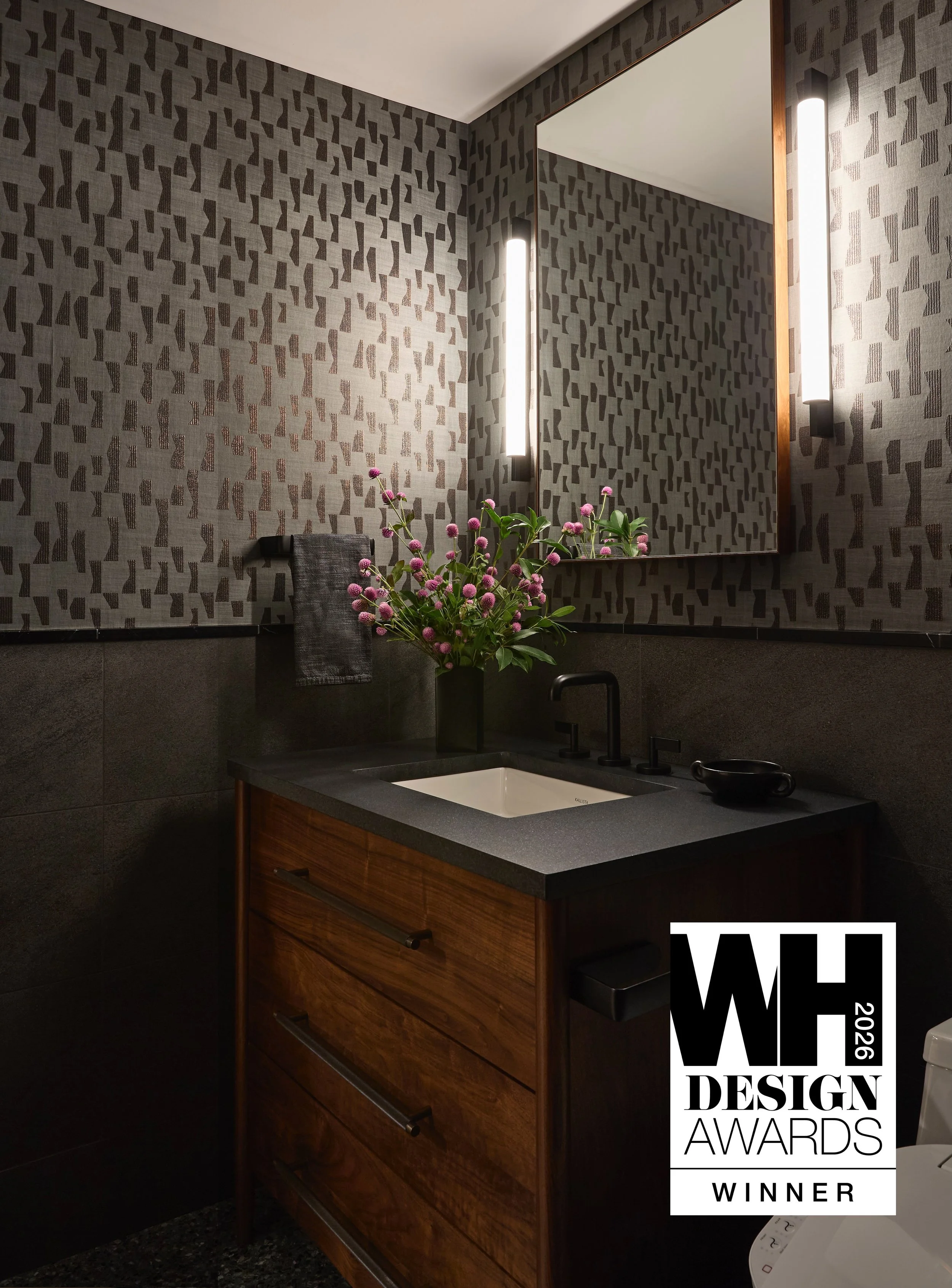 Patterned powder room with wood vanity, Westchester Home Design Awards 2026 winner