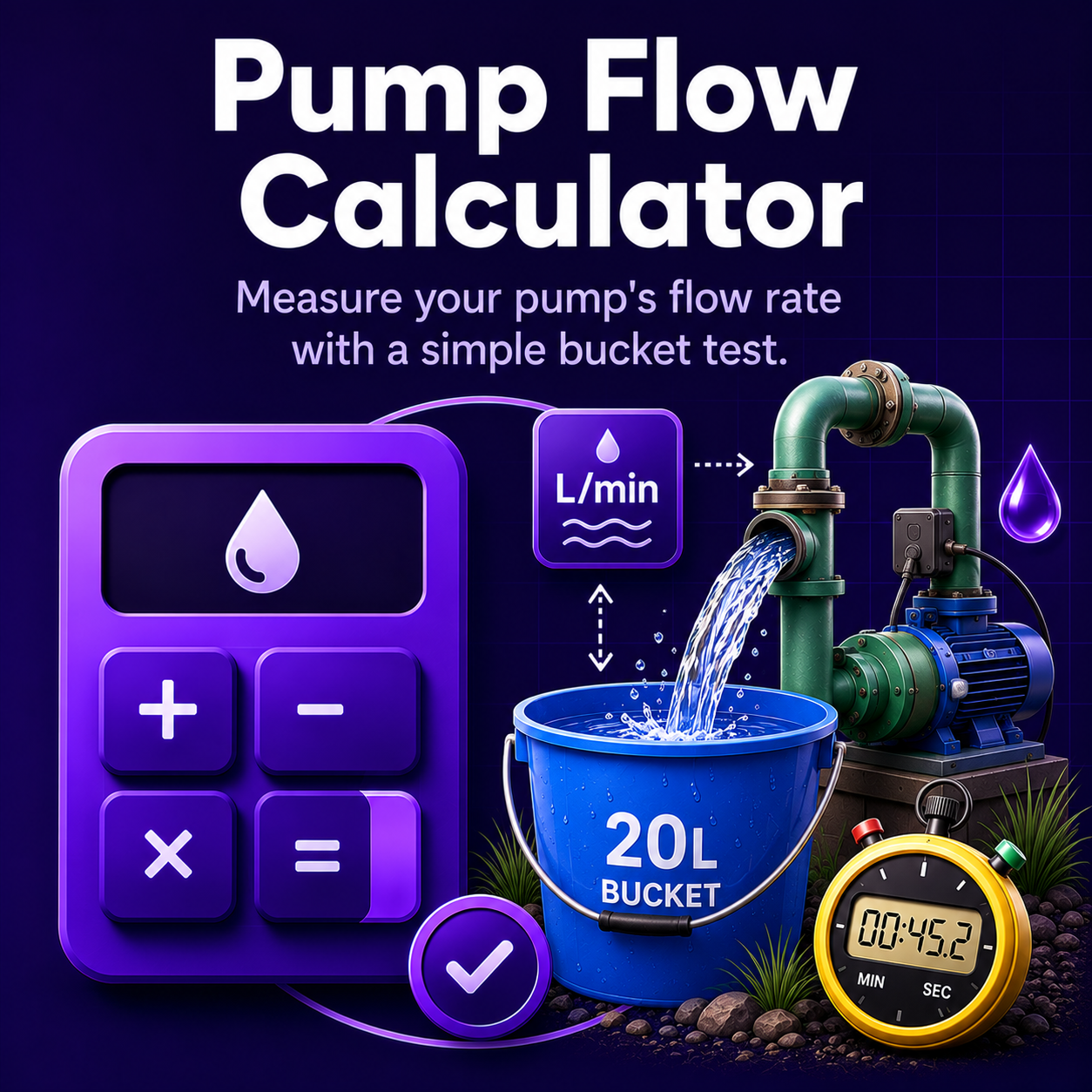 A pump flow calculator graphic showing a water pump connected to a 20-liter bucket with water flowing into it, a digital timer reading 00:45.2, a purple device with buttons and a droplet icon for measuring flow rate in liters per minute.