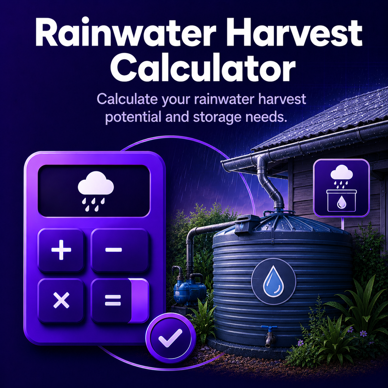 A digital illustration of a rainwater harvest calculator with a purple calculator icon displaying weather icons and math symbols, beside a rainwater collection tank with rain falling outdoors. The background is dark blue with rain effects and greenery surrounding the tank. The text on the image reads, 'Rainwater Harvest Calculator,' and 'Calculate your rainwater harvest potential and storage needs.'