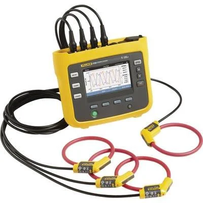 A portable electronic testing device with a yellow and black body, multiple connected probes, and a color display showing waveform data.