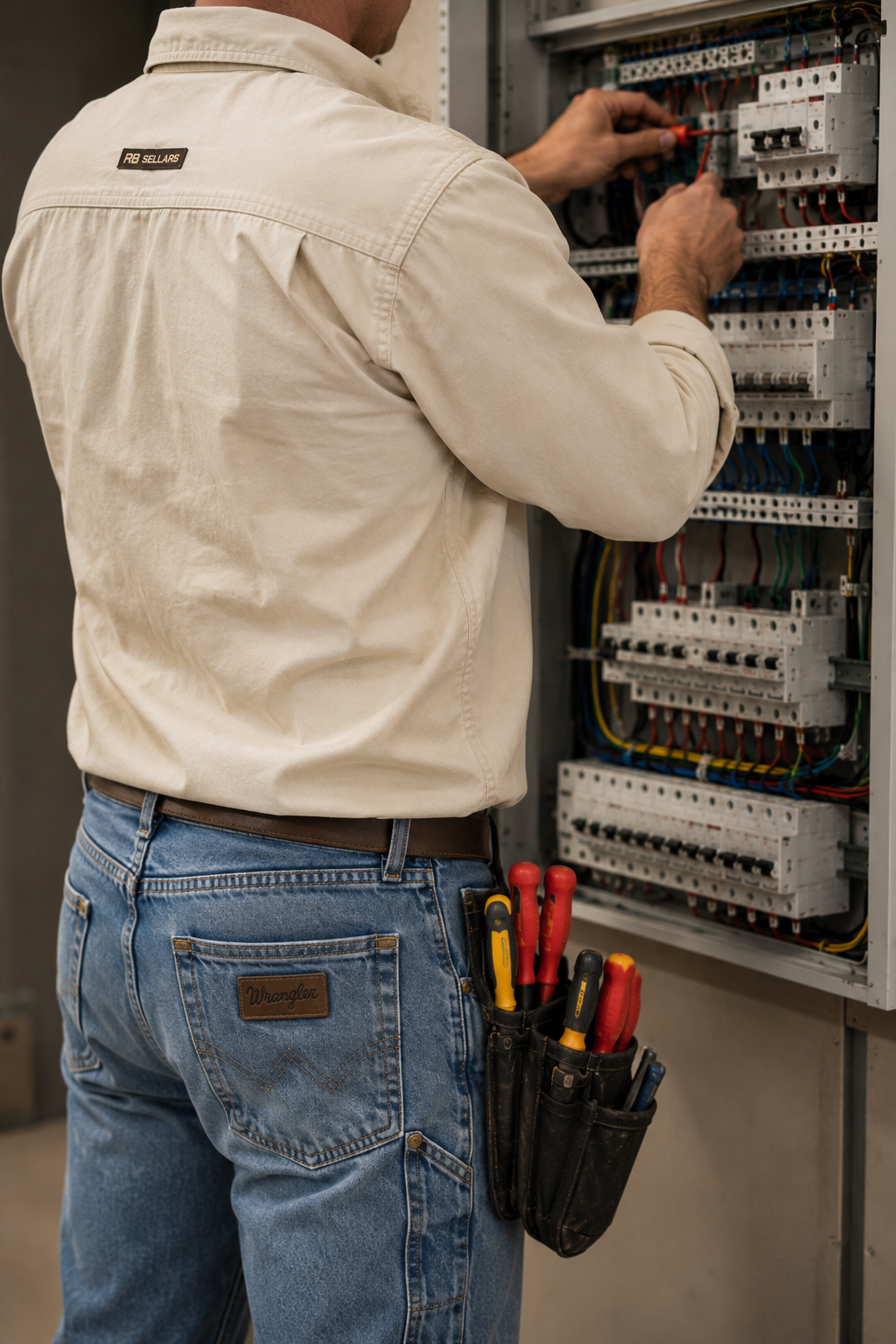 A technician working inside an electrical panel, wearing a beige shirt and jeans, with a tool pouch holding screwdrivers and pliers, as they use tools to work on wiring.