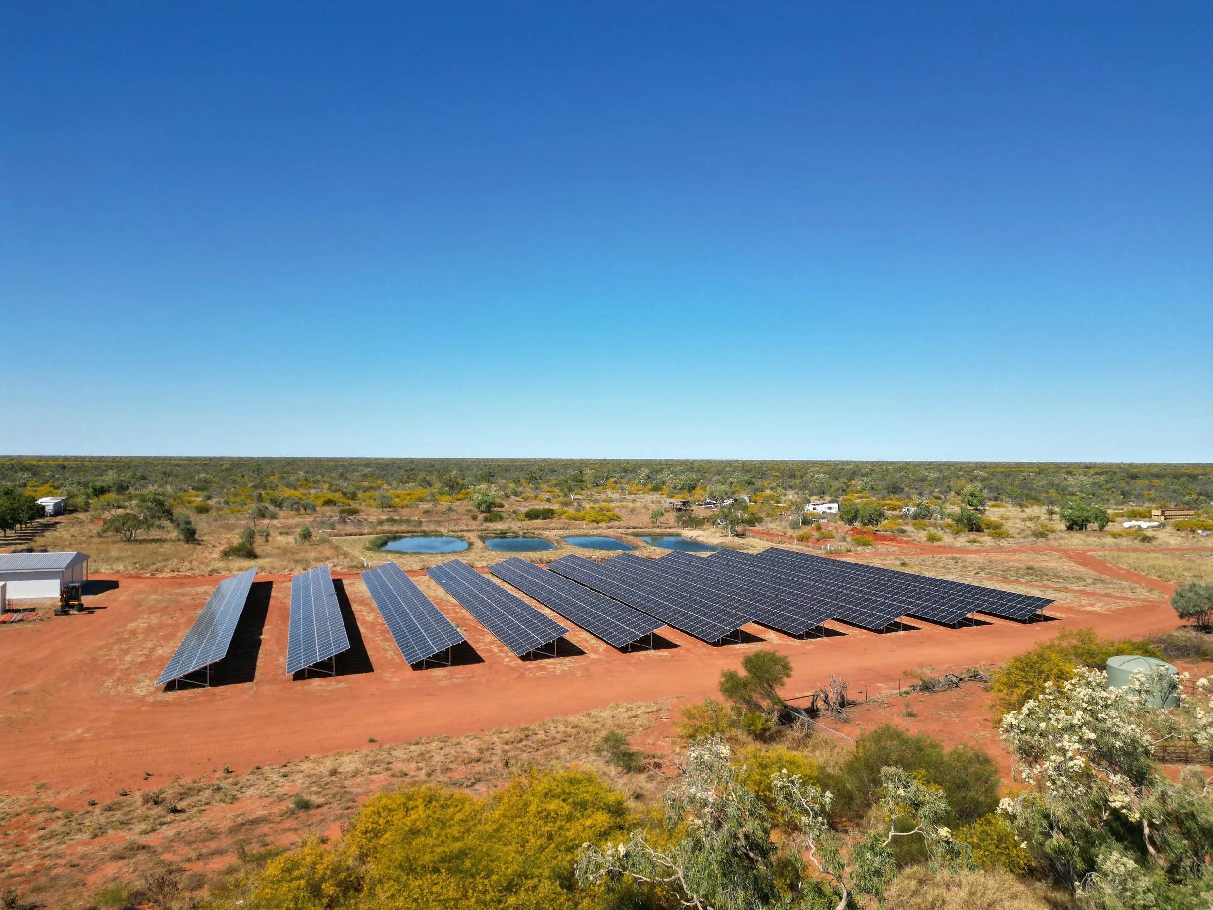 A landscape with a clear blue sky, solar panels on the ground in the foreground, scattered trees, and some small water bodies in the distance.