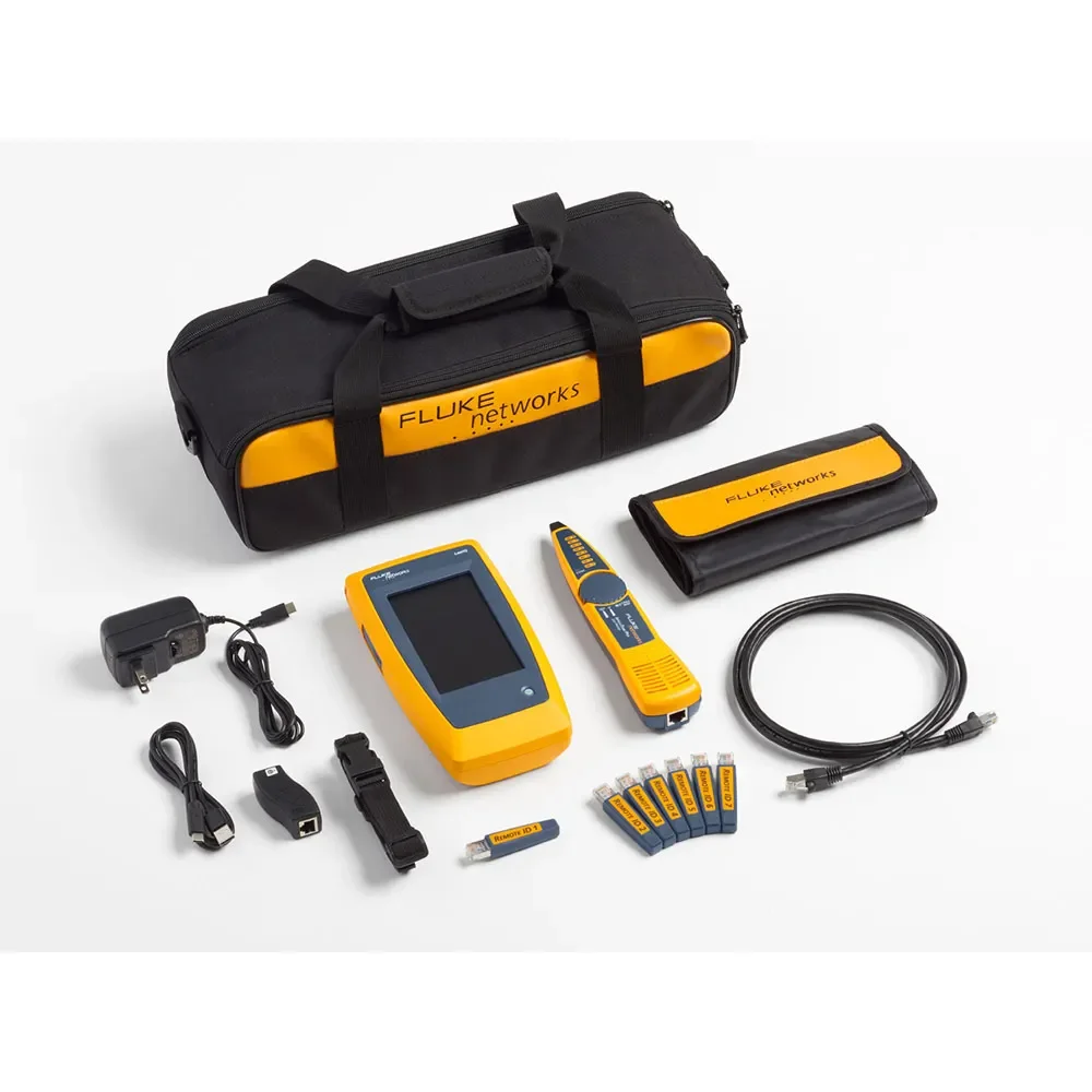 Set of Fluke Networks testing tools and accessories, including a carrying case, handheld device, cable tester, power adapter, USB cable, network tester, several small modules, and a black storage pouch, all arranged on a white surface.