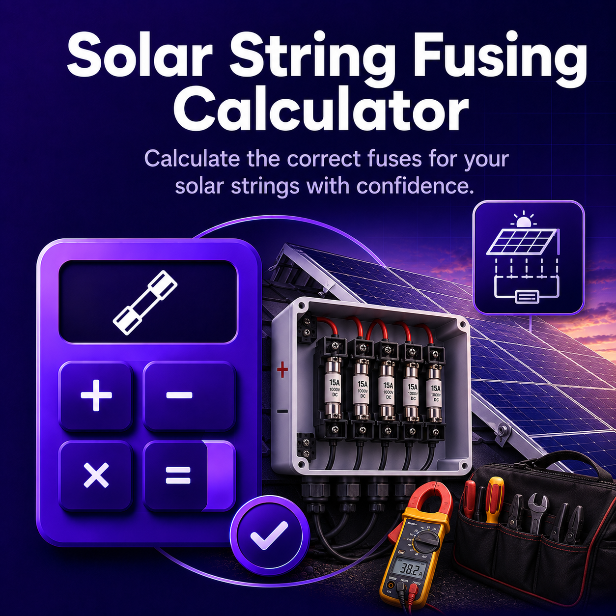 A solar string fusing calculator app interface with buttons for calculations, a fuse box with five fuses, a multimeter displaying 38.2, and a toolkit, set against solar panels during sunset.