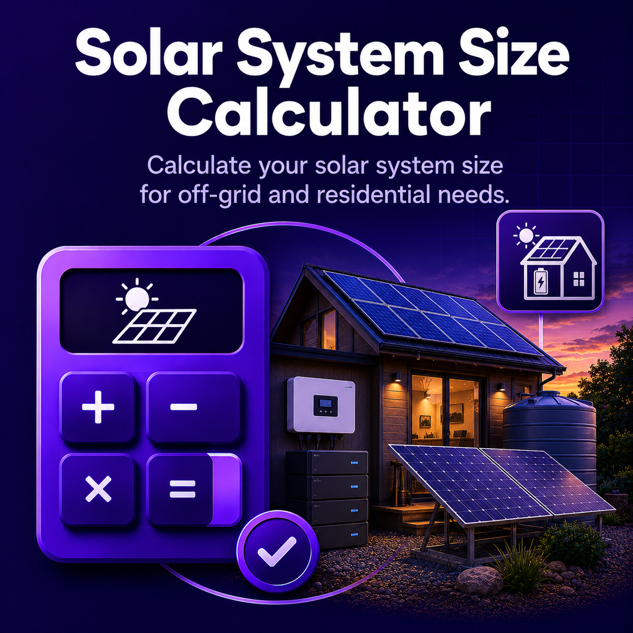 A solar system size calculator for off-grid and residential solar needs, featuring a house with solar panels, a large purple calculator interface with solar and sun icons, and a sunset background.