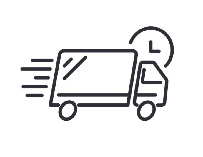 Icon of a delivery truck with motion lines and a clock indicating timely delivery.
