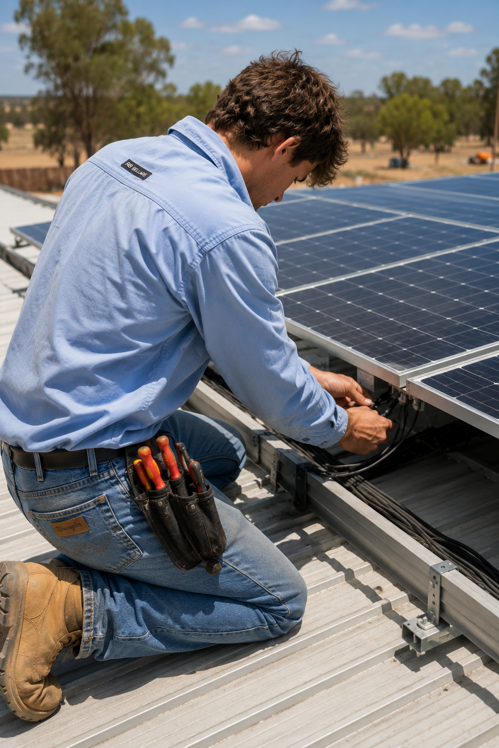 A technician working on solar panels on a rooftop outdoors