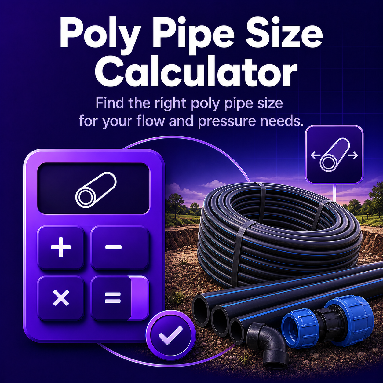 A Poly Pipe Size Calculator advertisement showing a purple calculator with a pipe icon on the screen, a large coil of black poly pipe, and individual pipes with blue fittings against a landscape background with trees and a purple sky.