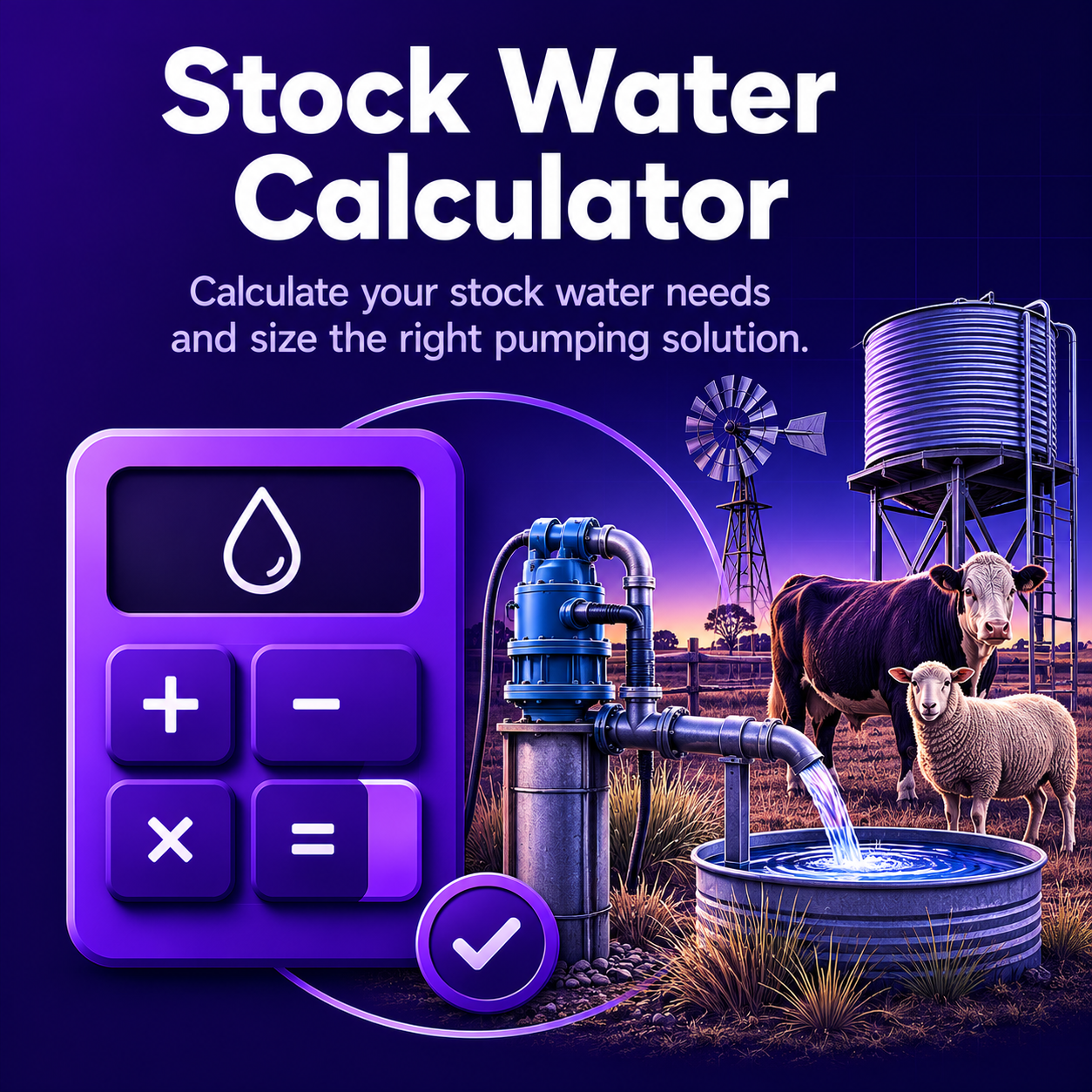 Illustration of a stock water calculator app featuring a purple calculator with water droplet icon and mathematical buttons, a water pump, a water tank, a windmill, and two cows in a pasture during sunset.