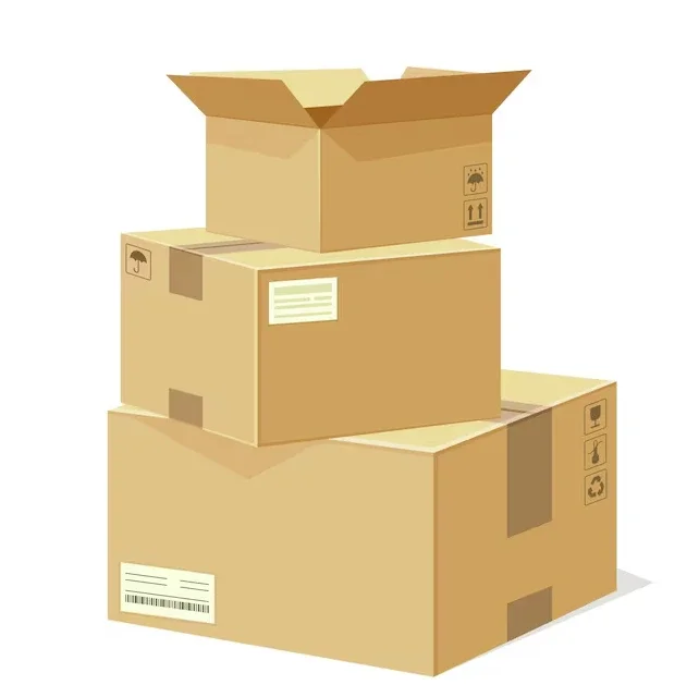 Three cardboard boxes stacked, one open on top, all labeled with handling symbols.