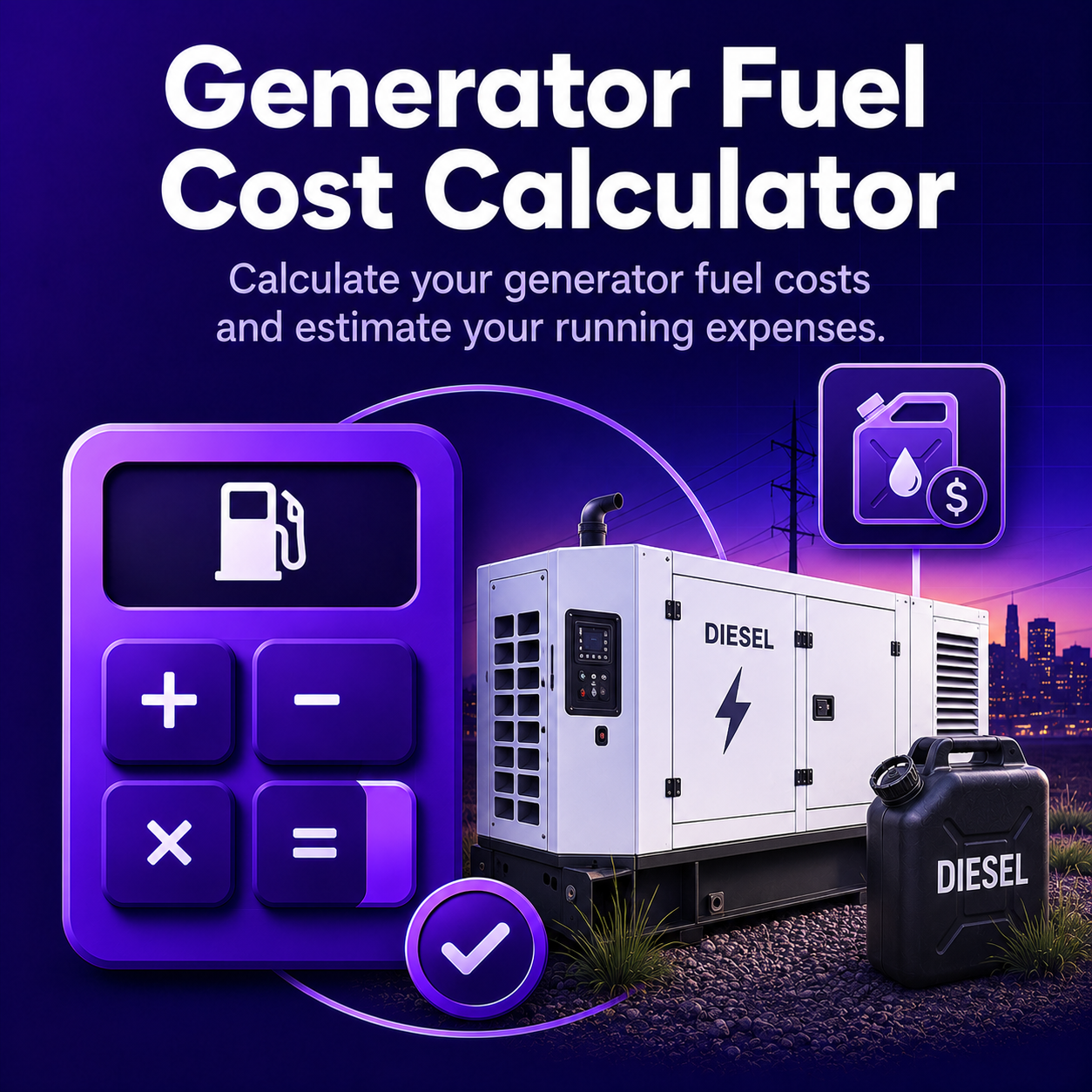 Image of a generator fuel cost calculator with a large purple calculator interface, a diesel generator, a fuel container, and icons representing fuel and cost estimates, set against a city skyline at dusk.