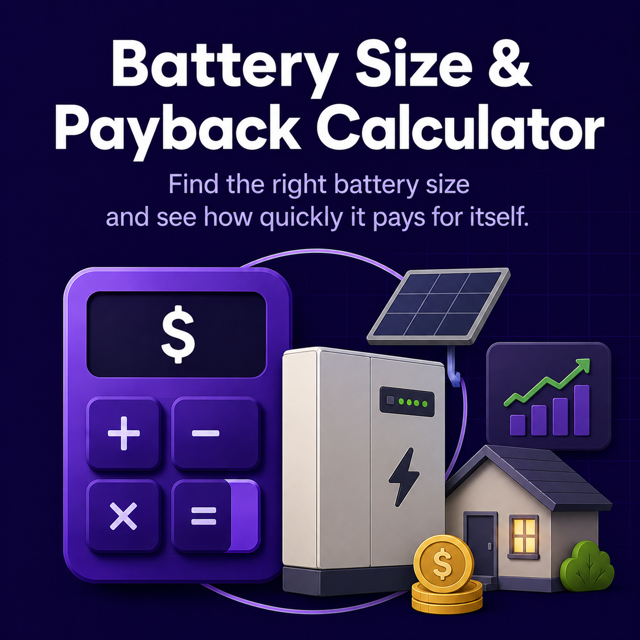 Graphic of a calculator, a home with money coins, and battery and solar panel icons, emphasizing battery size and payback calculation for solar energy investments.