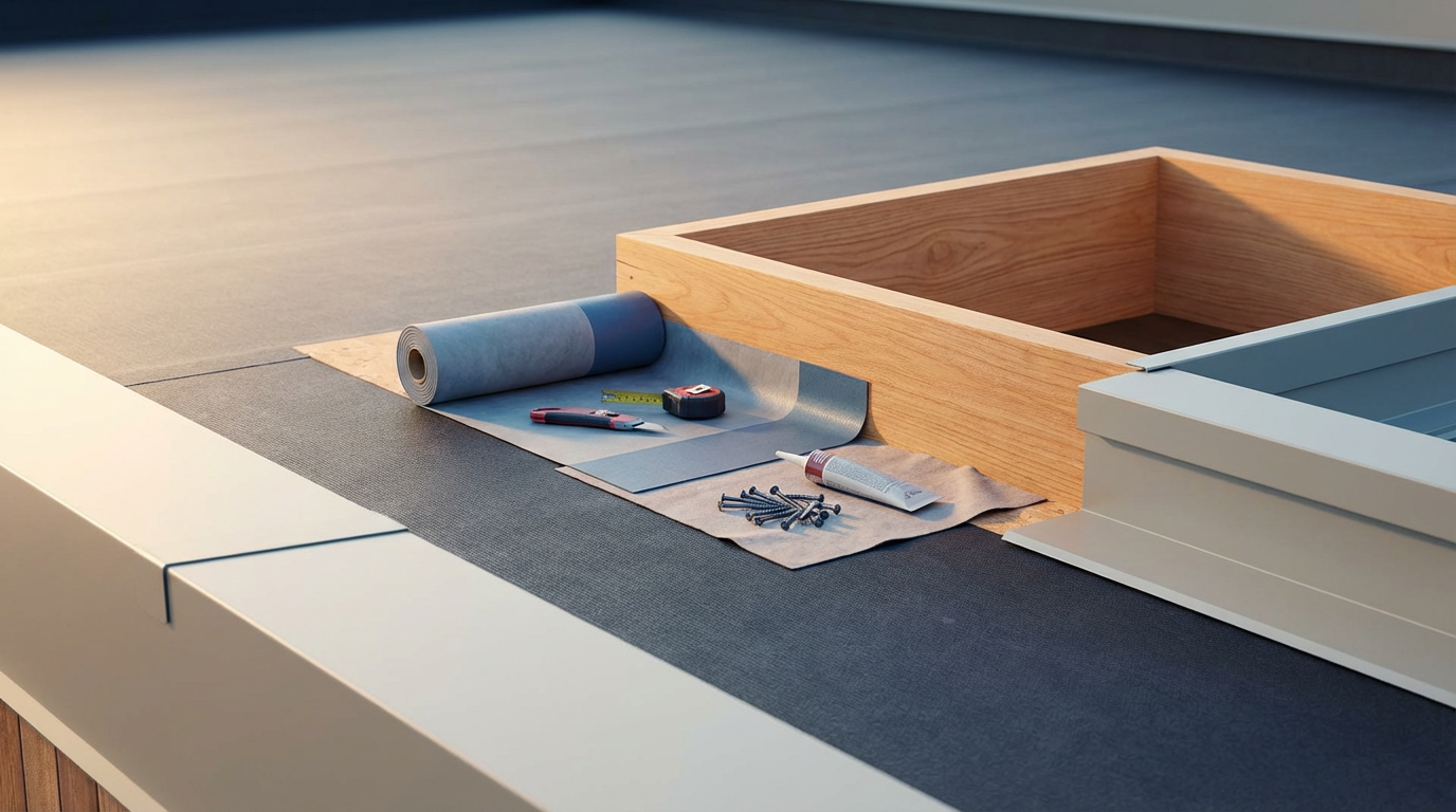 Work area with tools, screws, a tape measure, a utility knife, a caulking tube, and wooden and metal parts on a table, likely for home improvement or furniture assembly.
