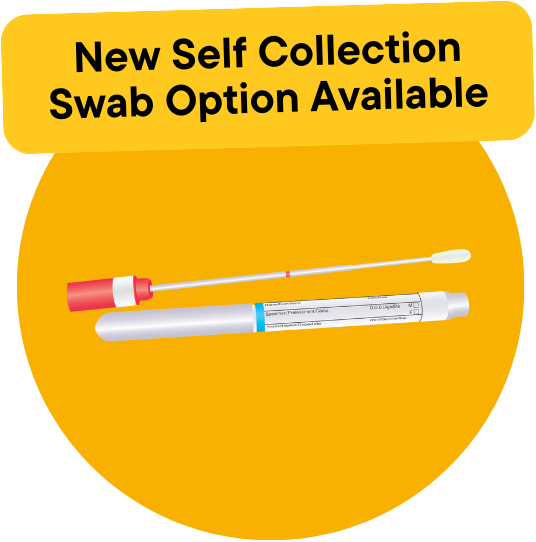 A medical testing kit with a self-collection swab and a test tube, advertising a new self-collection swab option.