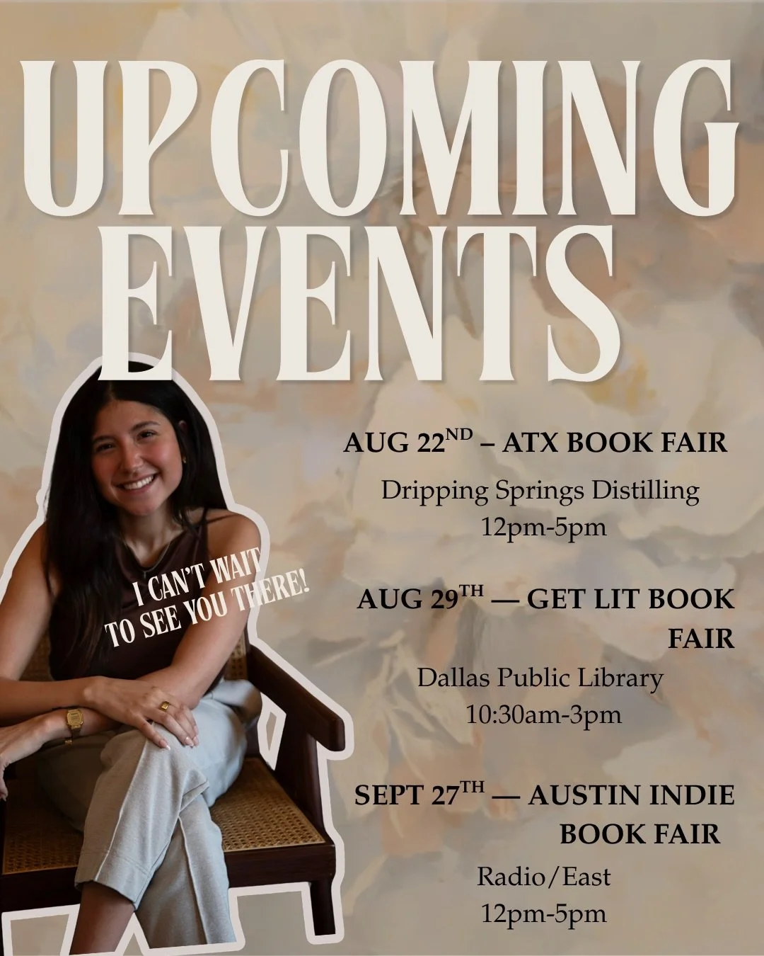 Meet me in Dripping Springs, Dallas, and ATX at these amazing upcoming events! There will be fun new prints, booksmarks, and details on book 2 of The Daughters Series! 📖👀

I&rsquo;ll also have some in person inventory of my poetry book available fo