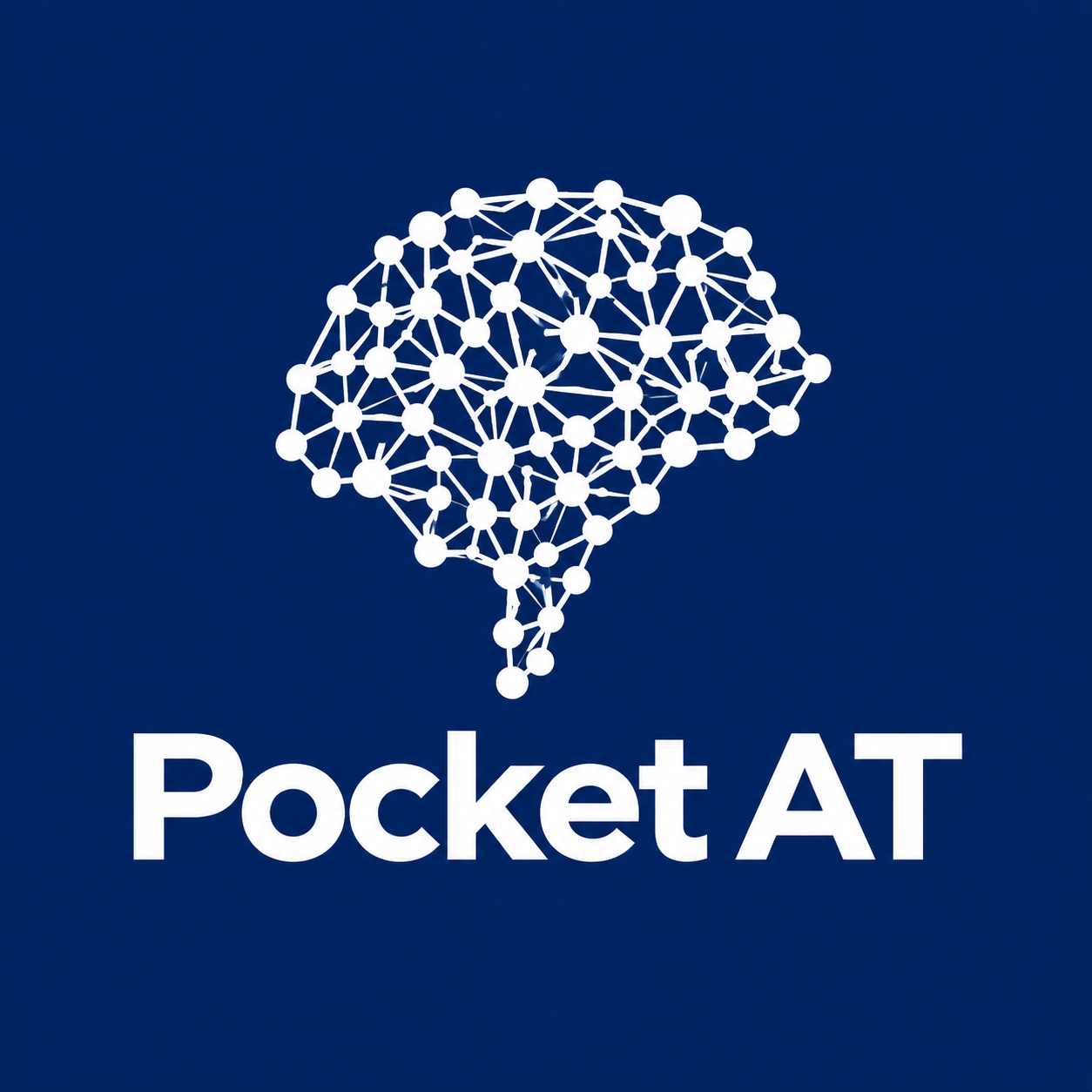 A digital illustration of a brain made of interconnected white nodes and lines, set against a dark blue background, with the text 'Pocket AT' below.