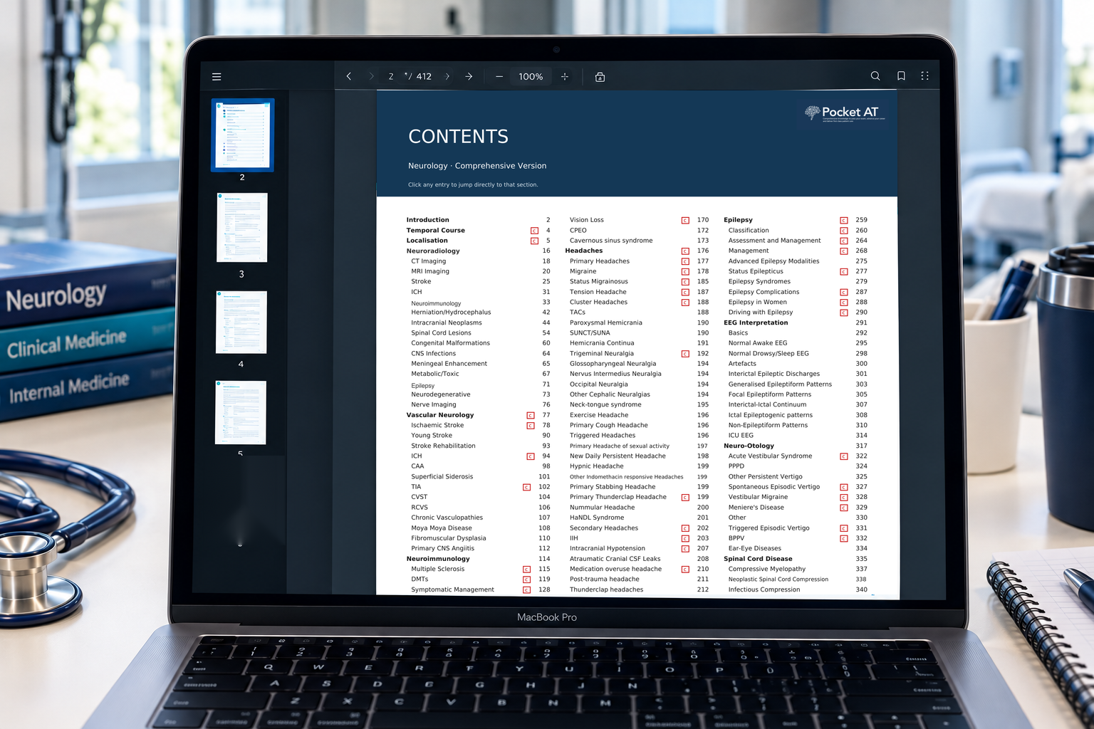 Laptop displaying the Pocket AT - Neurology resource's Table of Contents on the screen. The guide includes sections on Headaches, Vascular Neurology, Neuro-Otology, and Spinal Cord Disease, with page numbers listed beside each topic.