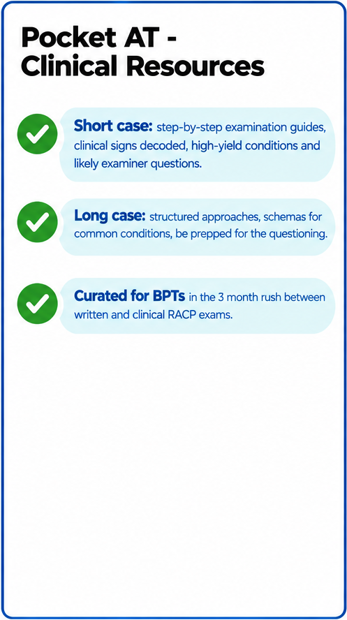A promotional poster titled 'Pocket AT - Clinical Resources' listing resources for clinical exam preparation, including short case guides, long case approaches, and curated BPTs, each accompanied by a green checkmark.