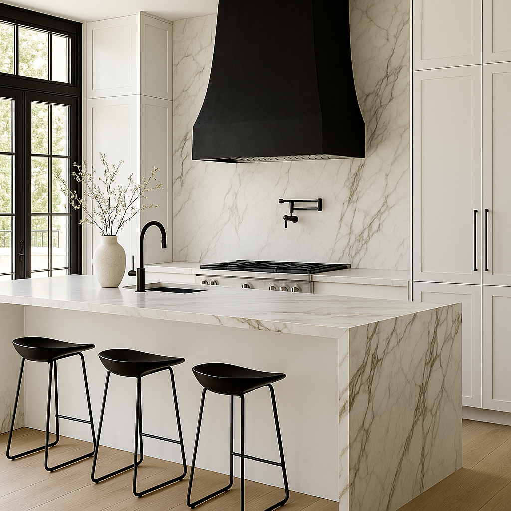 Modern kitchen with marble countertops and backsplash, black range hood, black faucets, white cabinets, large windows, and black bar stools.