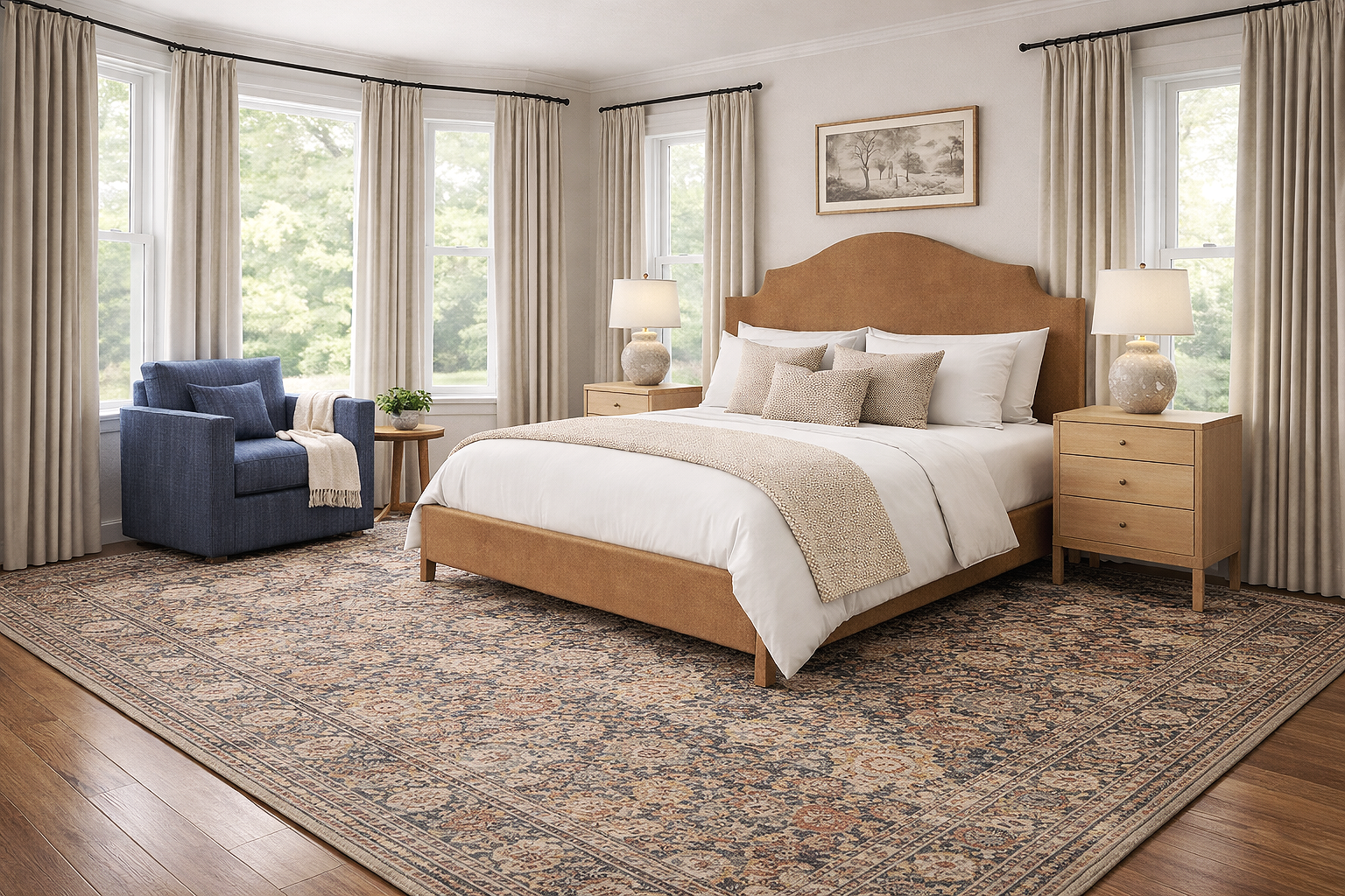 organic+modern+bedroom+with+a+camel+upholstered+bed%2C+light+wood+nightstands+and+lamps%2C+a+blue+patterned+rug%2C+and+a+blue+accent+chair+with+side+table+by+the+bay+window.png
