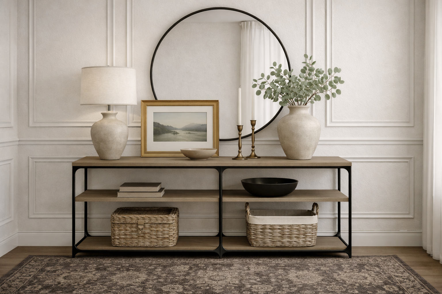 A wooden console table against a wall with decorative paneling, topped with two large vases, a framed landscape picture, two candlesticks, and a bowl. A round mirror hangs above the table, with a window and curtains reflected in it. Woven baskets are