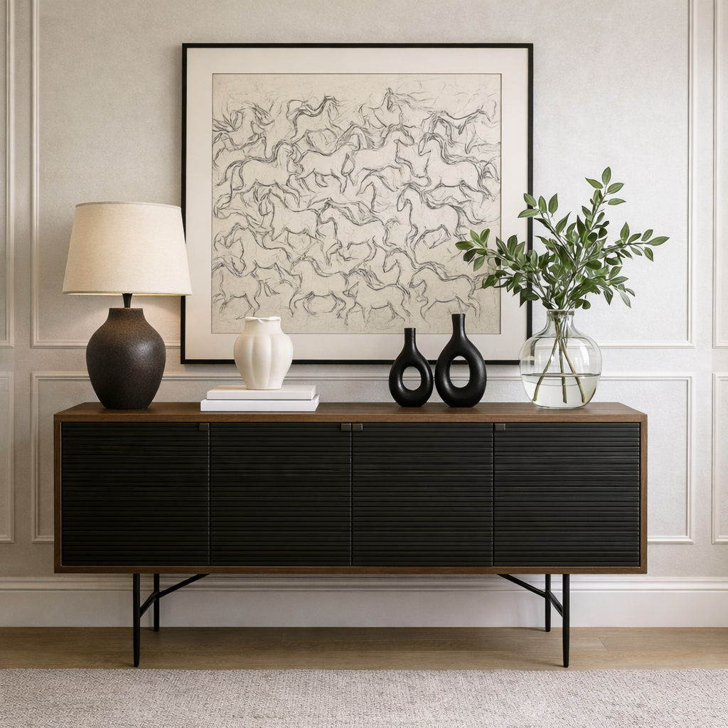Modern+console+vignette+with+a+black+wood+sideboard%2C+sculptural+ceramic+decor%2C+greenery+in+a+glass+vase%2C+and+framed+abstract+horse+artwork+against+softly+textured+wall+paneling.png