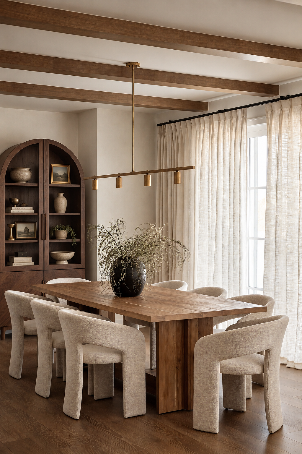 A dining room with a large wooden table, eight upholstered chairs, a black vase with dried branches, a wooden cabinet with decorative objects, and cream-colored curtains.
