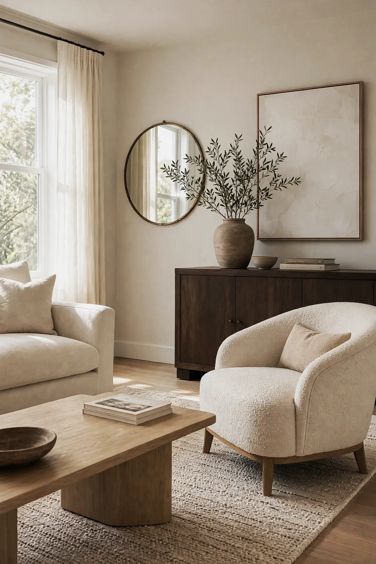 A cozy living room with a white sofa, a beige armchair, a wooden coffee table with books and a bowl, a dark wood sideboard with a large vase and greenery, a round mirror, a framed artwork, large windows with curtains, and a neutral color palette.