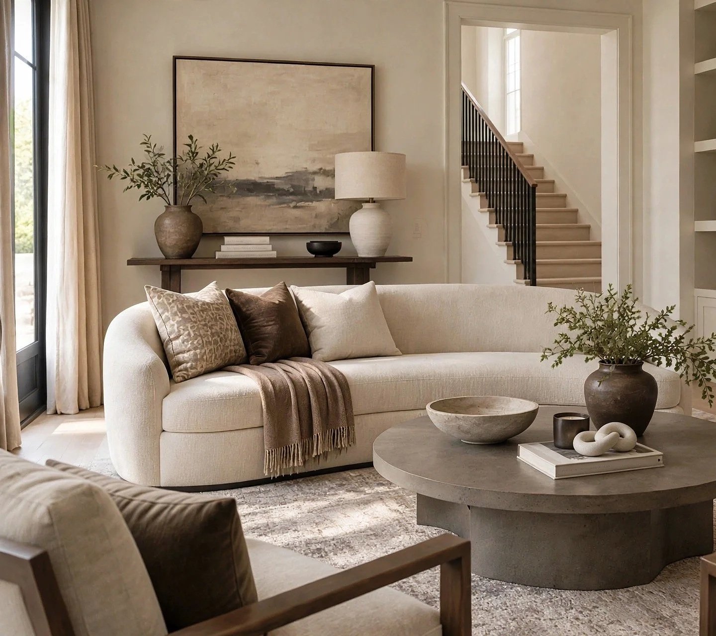 Living room with a curved beige sofa, decorative pillows, a throw blanket, a round coffee table with decorative objects, a console table with a large painting, potted plants, a table lamp, and a staircase in the background, with natural light coming from large windows.