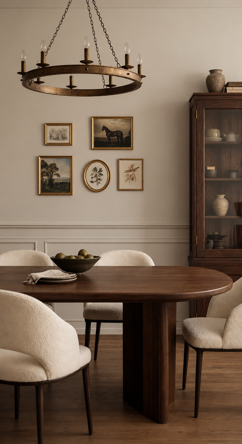 A dining room with a round wooden table, four cream-colored upholstered chairs, a black bowl with green apples, a napkin, a set of plates, a wooden cabinet with dishes, a framed wall art, and a brass chandelier with six candle-shaped bulbs.