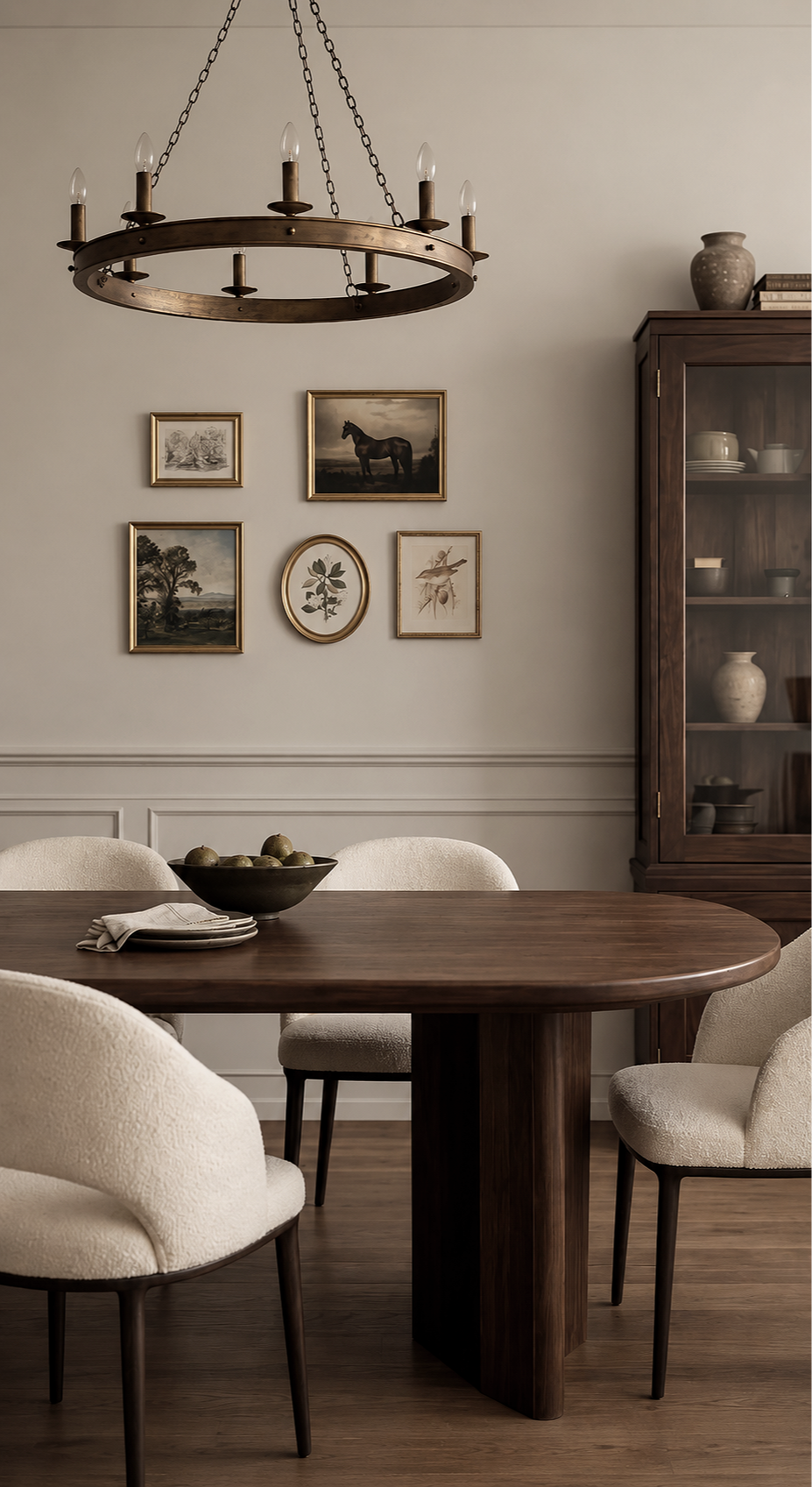 A dining room with a round wooden table, four upholstered cream-colored chairs, a dark wooden china cabinet, and a gallery wall with framed pictures of animals and nature. A chandelier with candle-shaped lights hangs above the table.
