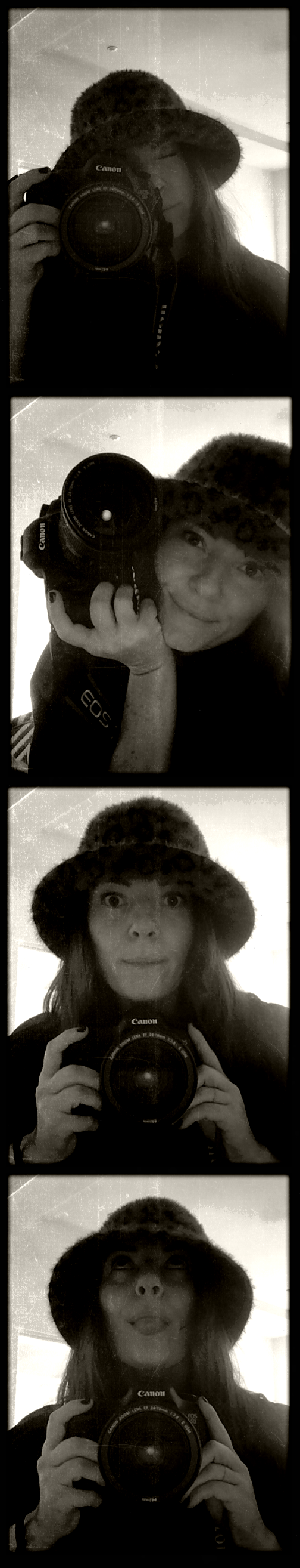 A collage of four black and white photos of Lauren with a Canon camera in front of a mirror. She is wearing a wide-brimmed hat and making various facial expressions.